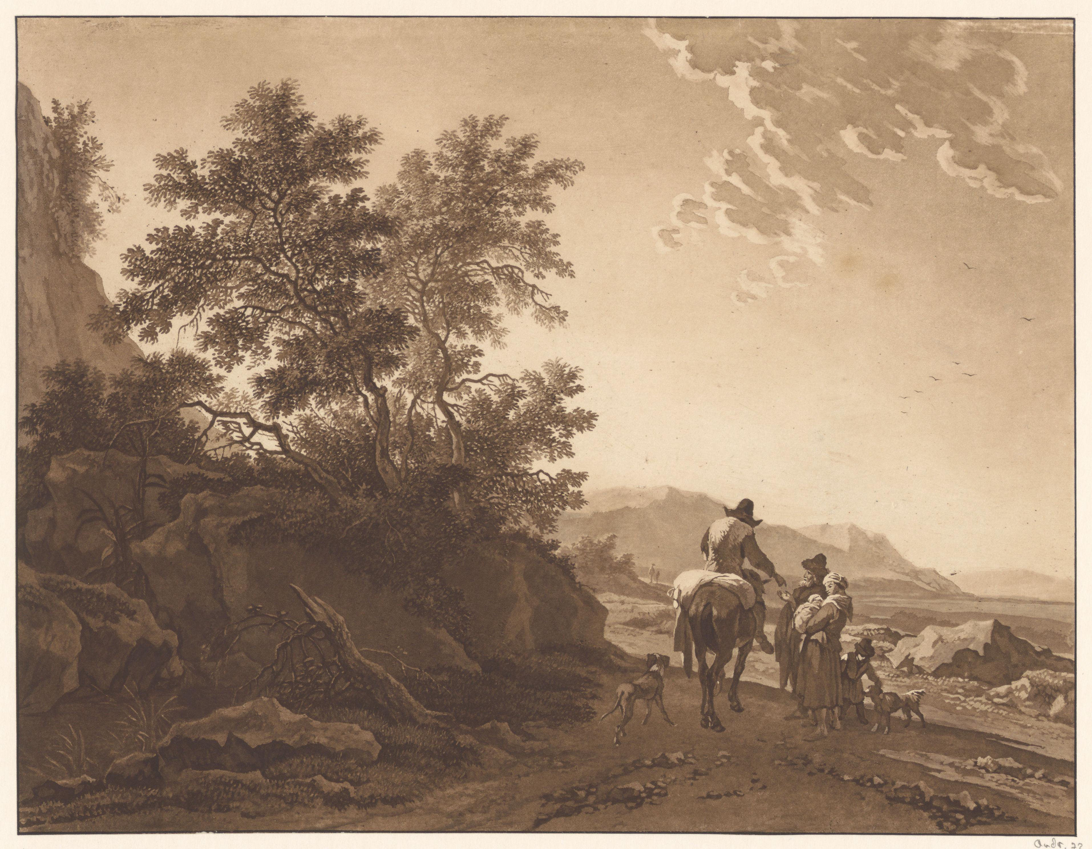 Landschap met ruiter die een aalmoes geeft aan een man met familie op een pad langs de kust