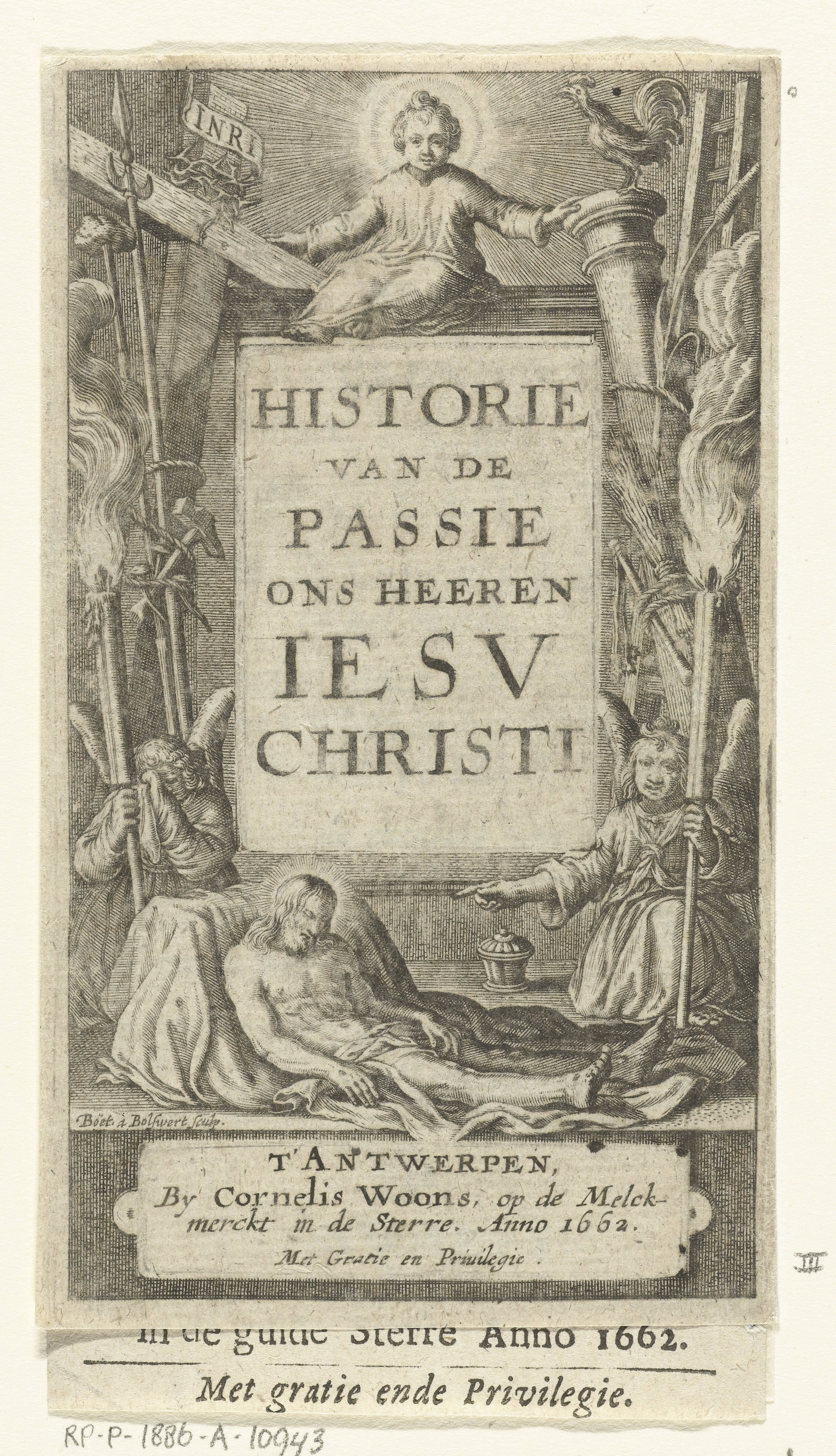 Omlijsting voor titel met Christuskind en dode Christus en twee engelen bij passiewerktuigen
