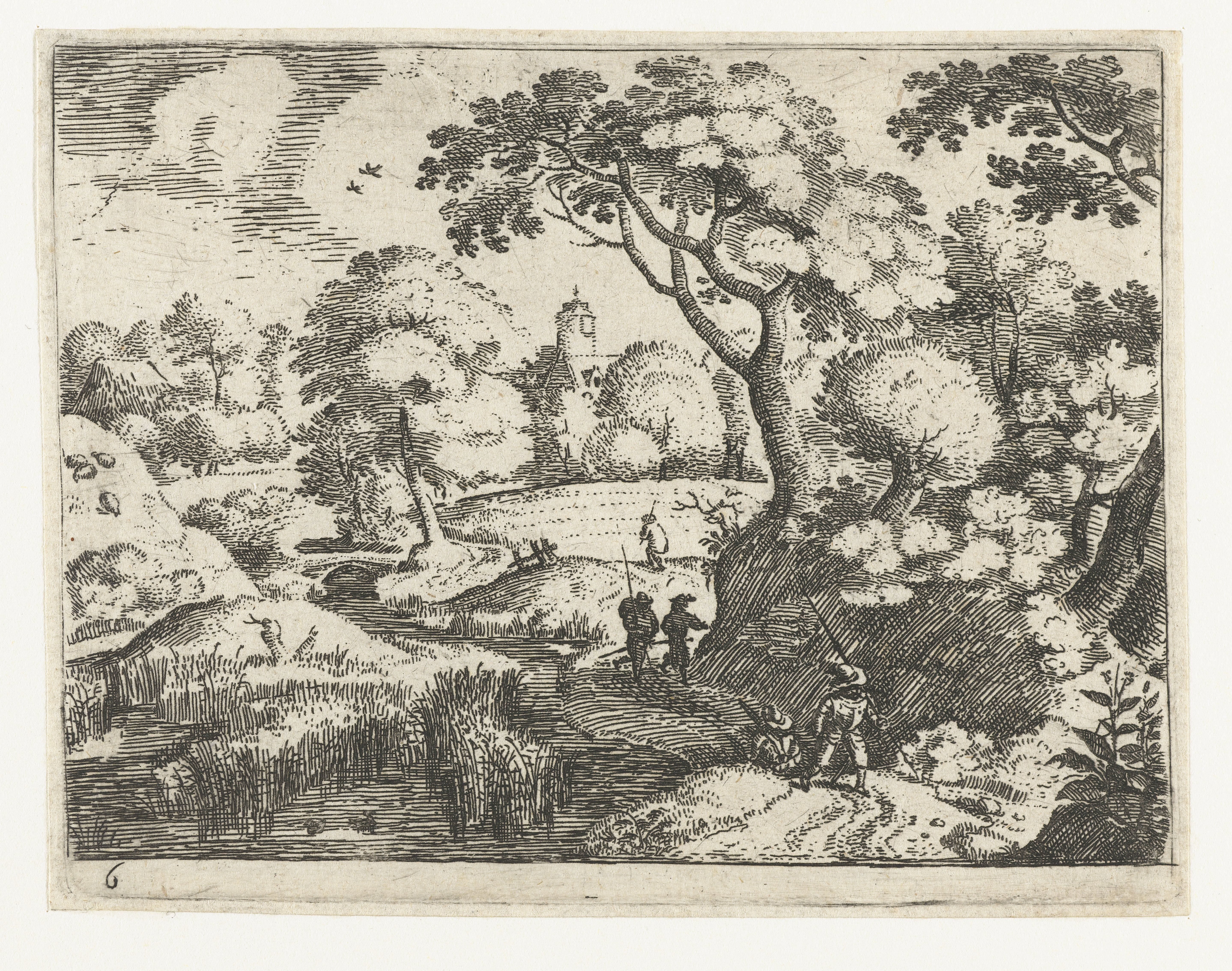 Landschap met reiziger en soldaten