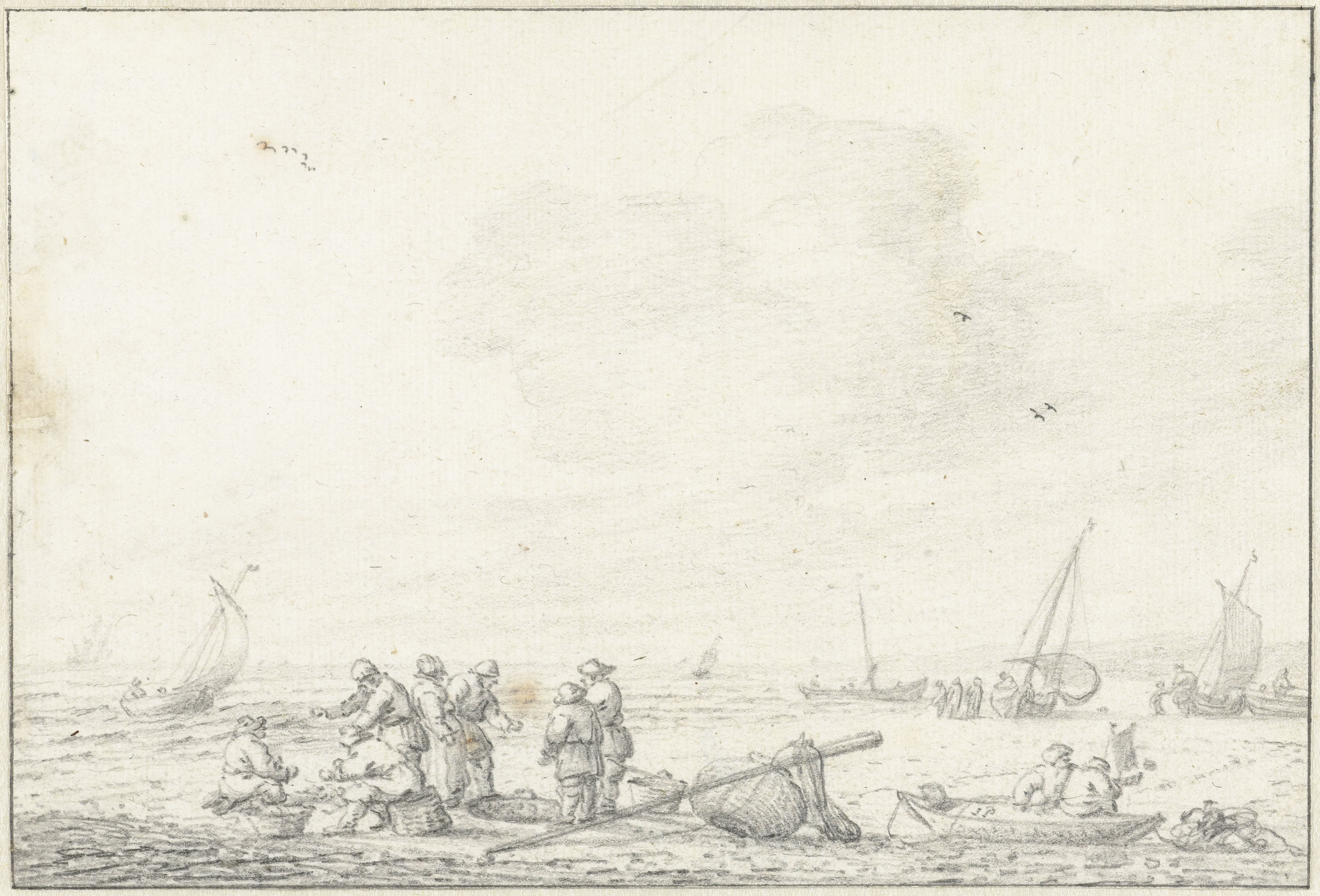 Strandgezicht met op de voorgrond een groep vissers
