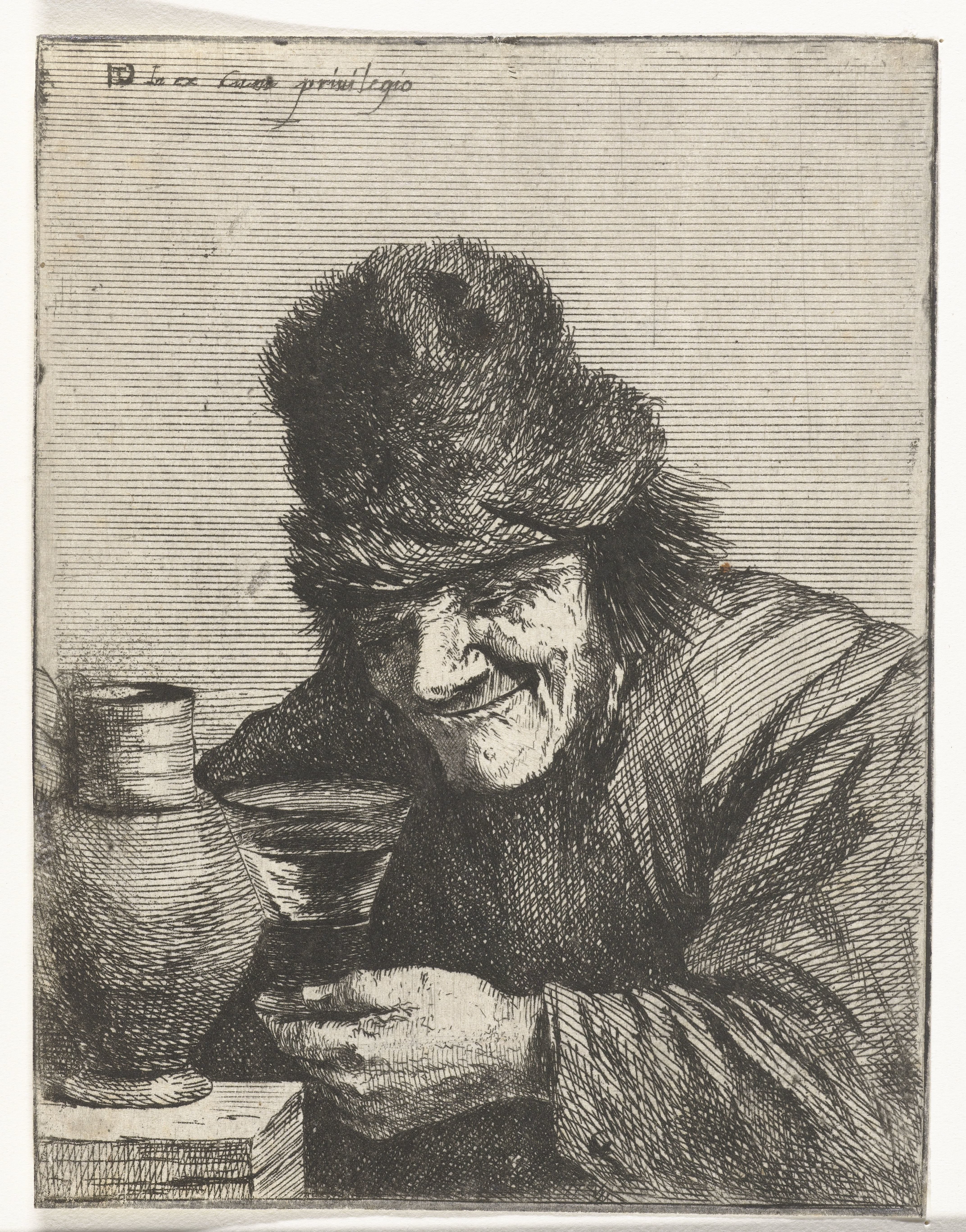 Man met bontmuts en kruik wijn
