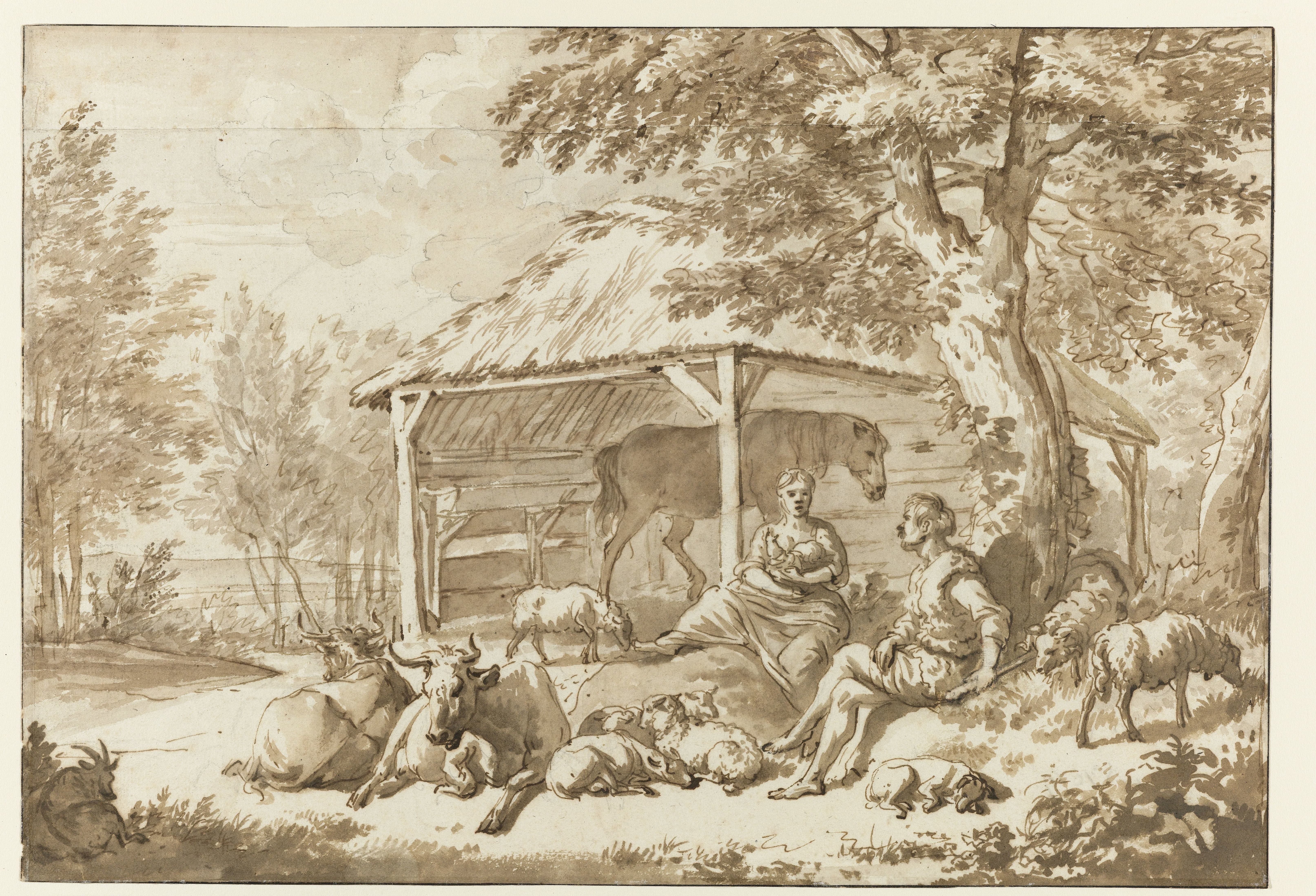 A Shepherd Couple with Cattle near a Shed