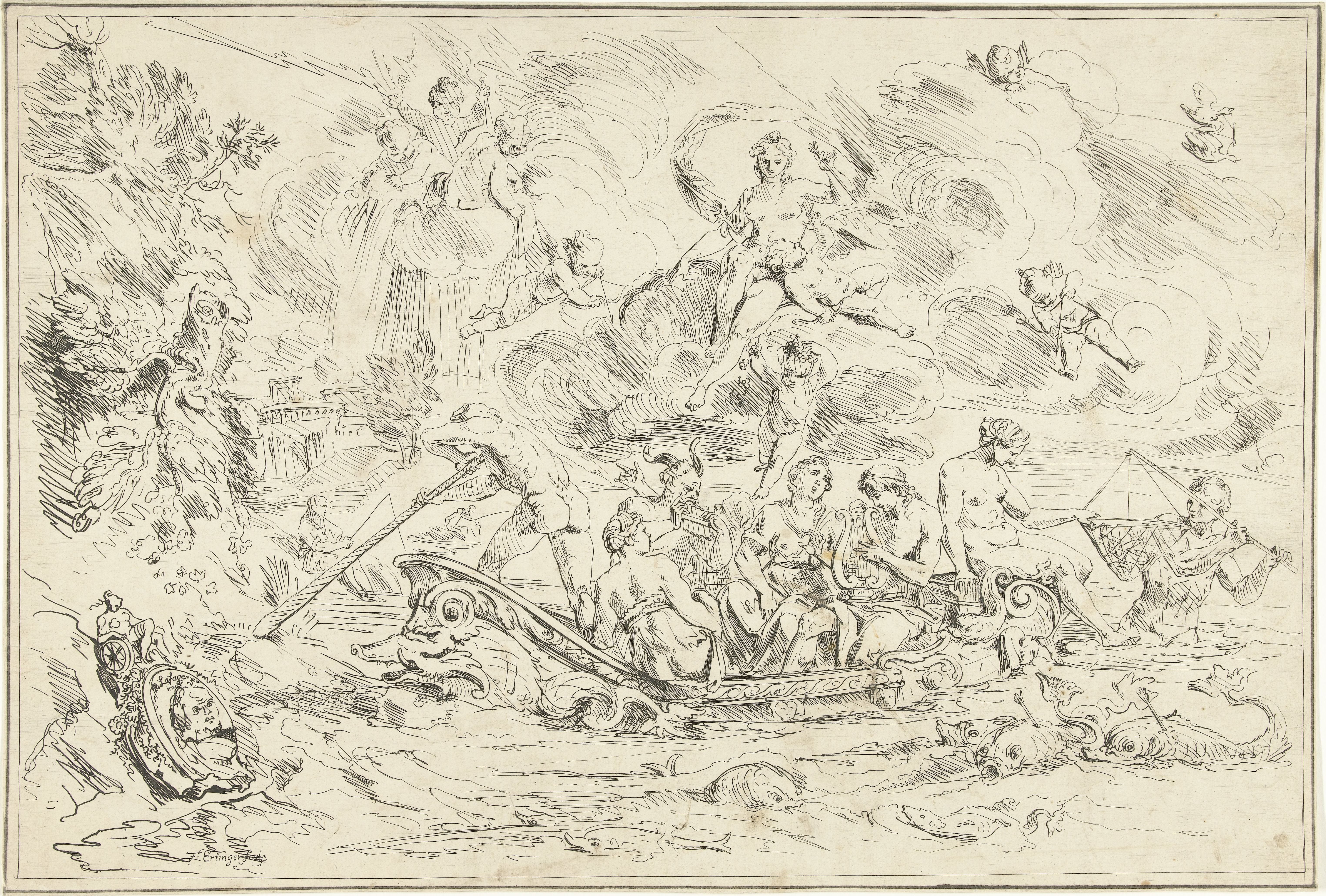 Apollo en Pan in een bootje