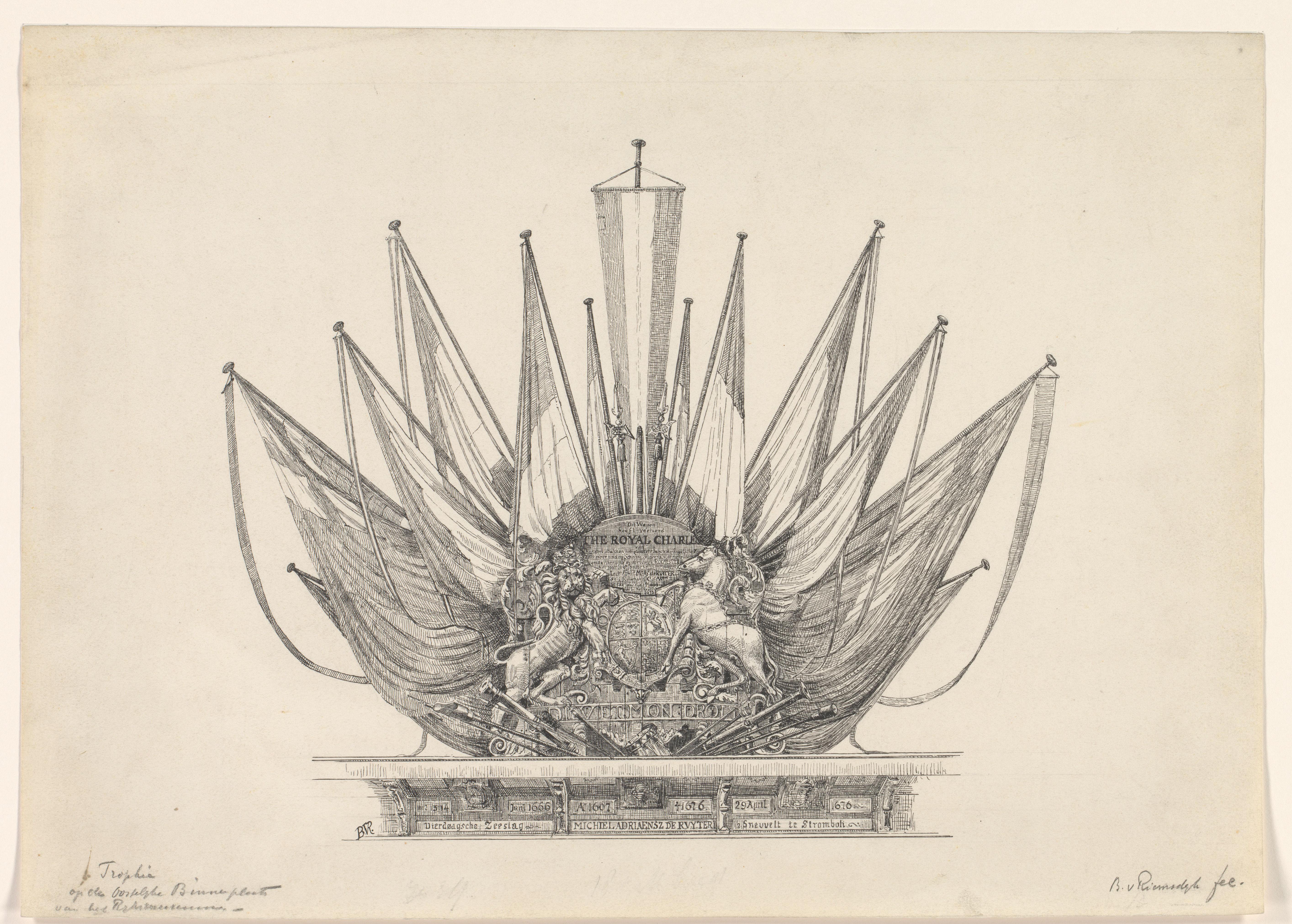 Ontwerp voor een trofee met de spiegelversiering van The Royal Charles