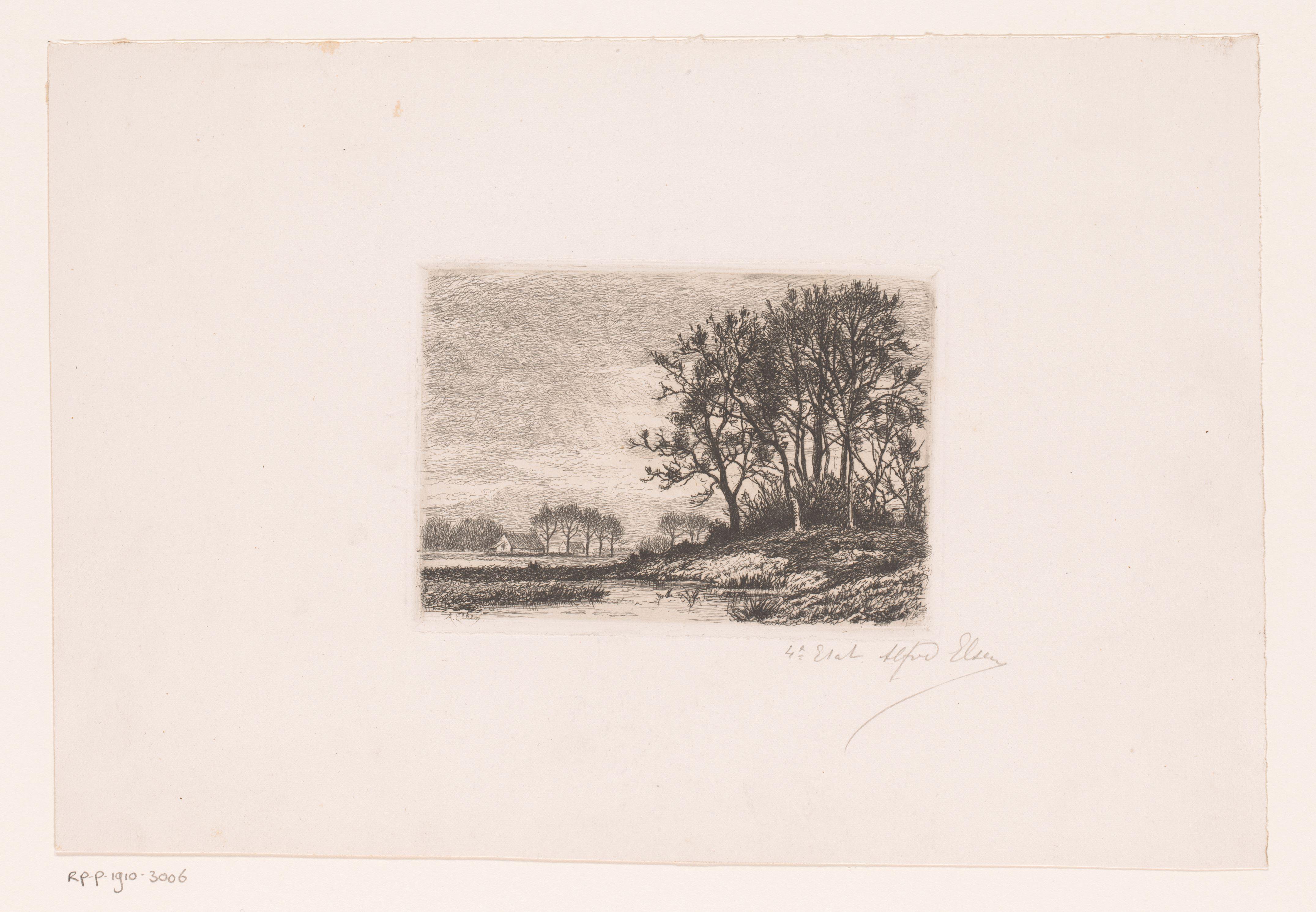 Landschap met bomen op een heuvel aan het water