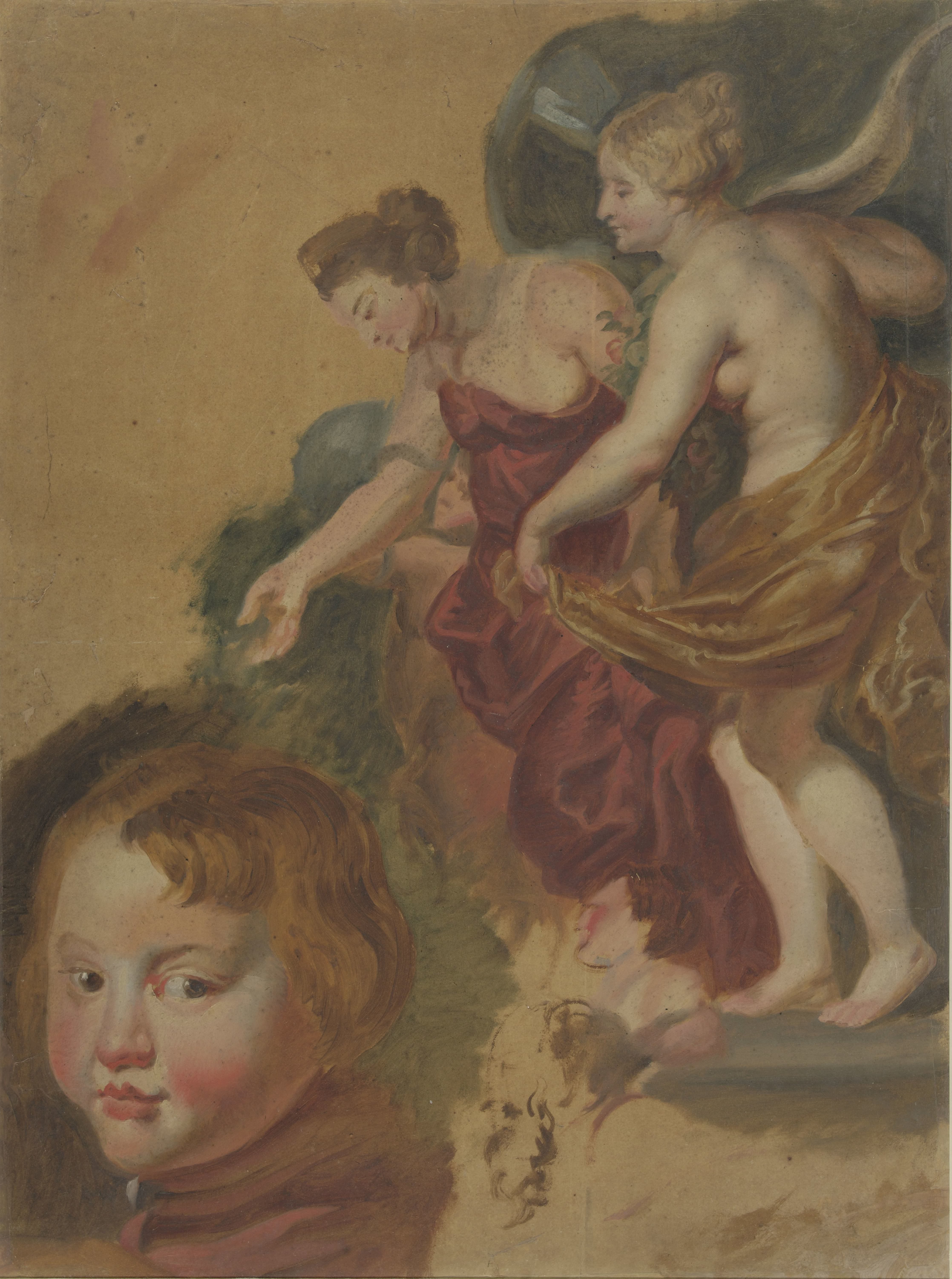 Studieblad met Maria dei Medici's gelukkige regering, een jongenskopje en twee manskoppen.
