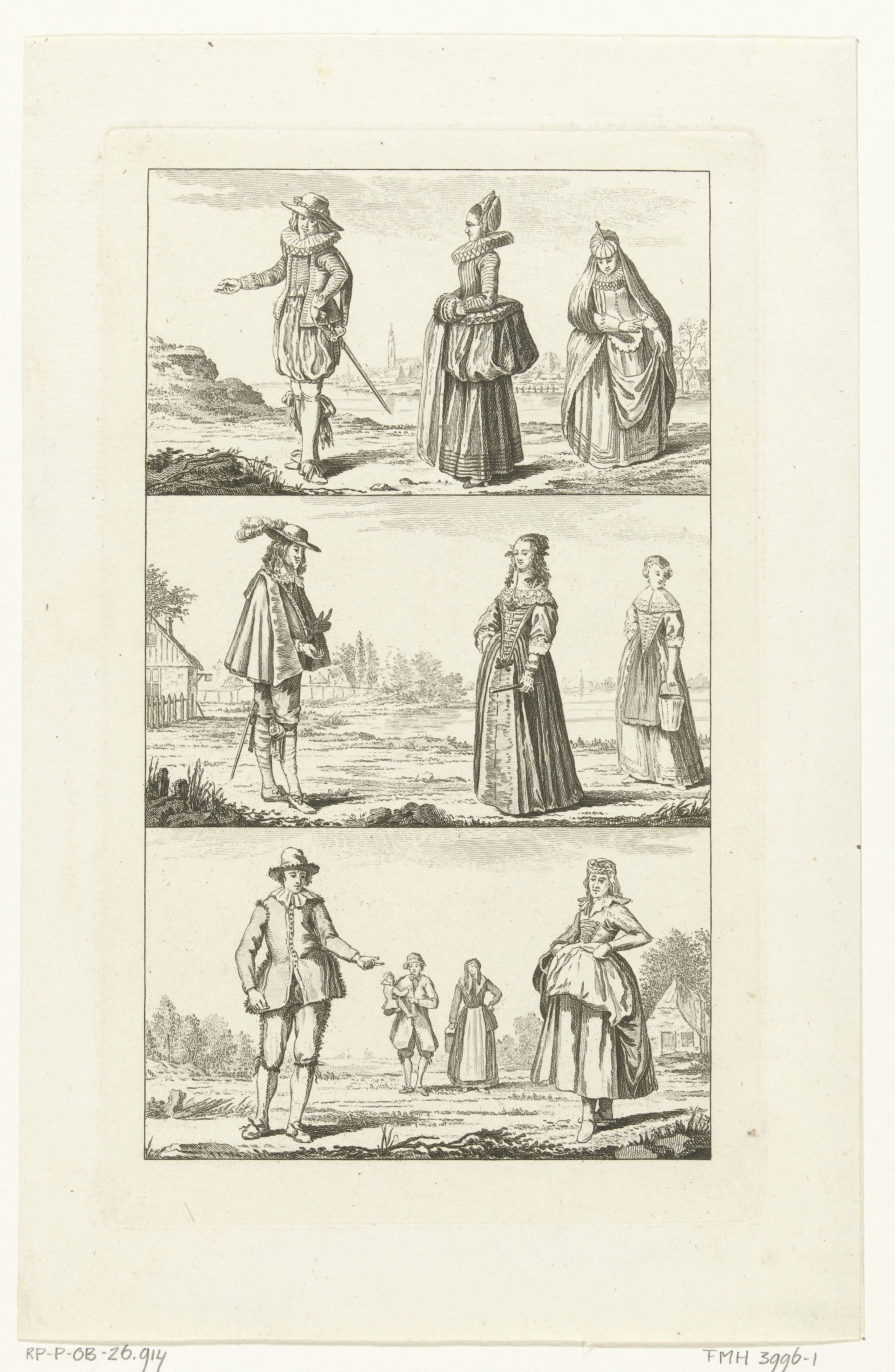 Drie landschappen met mannen en vrouwen in Hollandse klederdrachten, ca. 1775