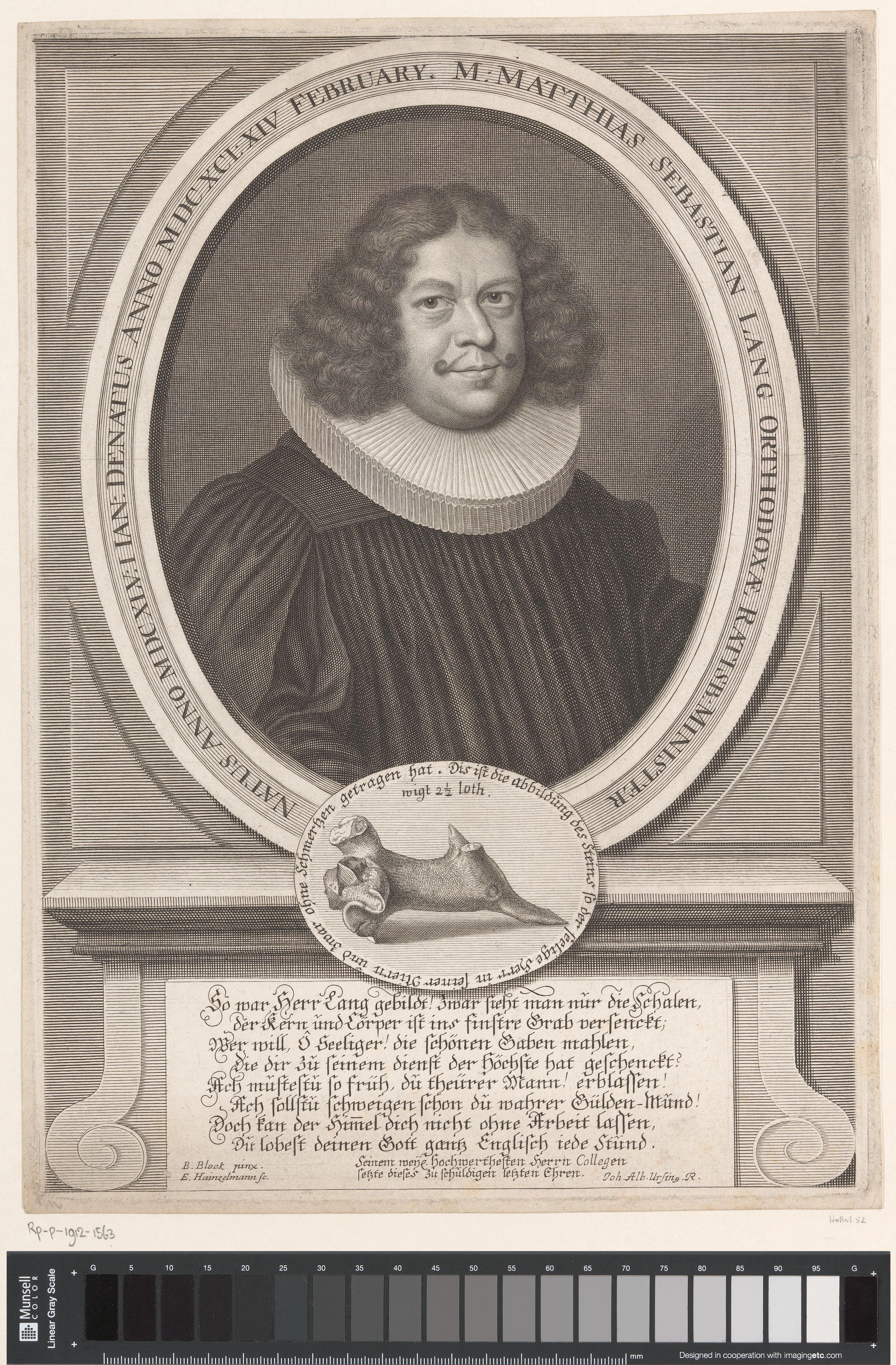 Portret van Matthias Sebastian Lang met onder zijn niersteen in een cartouche
