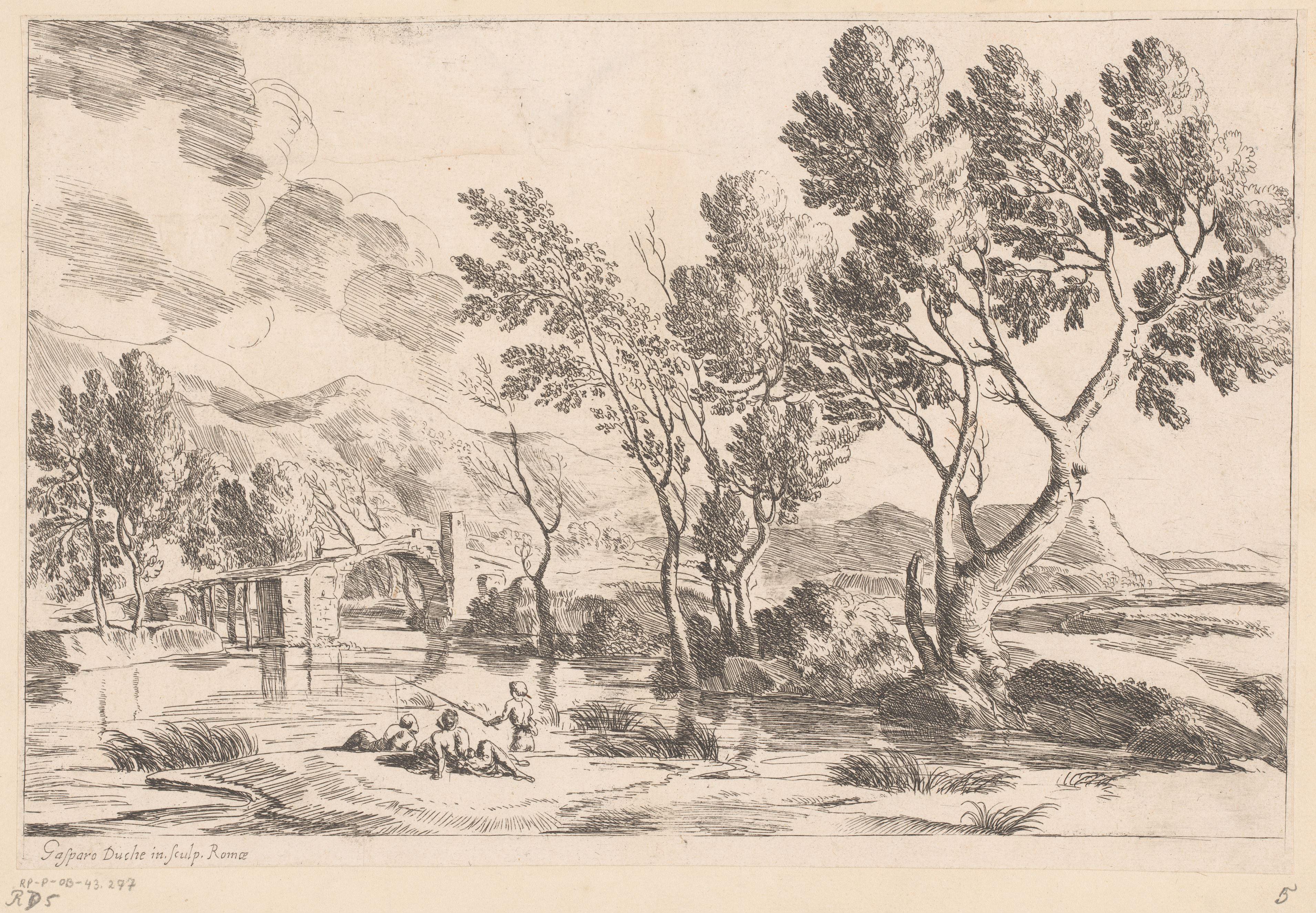 Rivierlandschap met brug en vissers