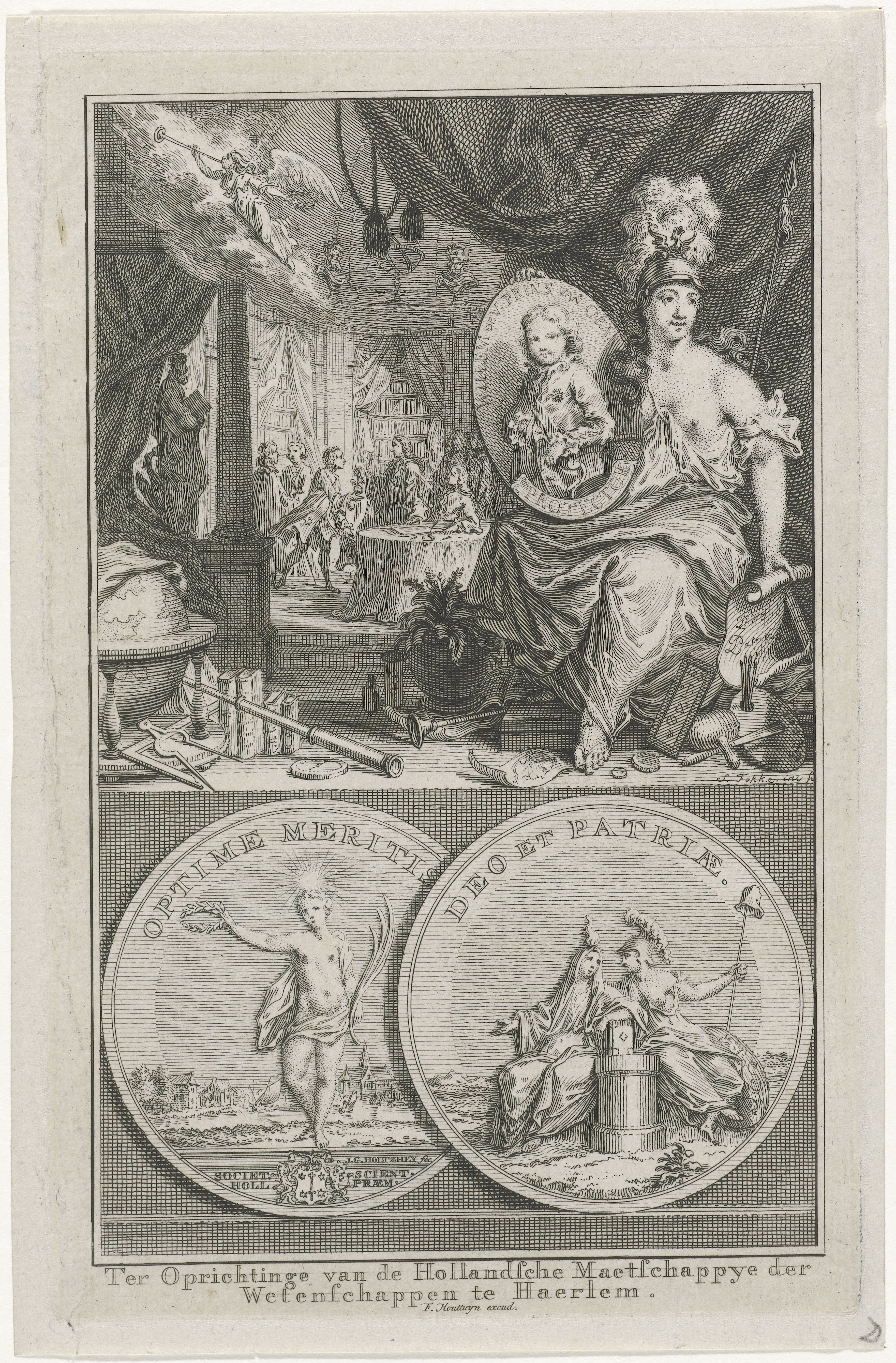 Allegorie op de oprichting van de Hollandse Maatschappij van Wetenschappen te Haarlem