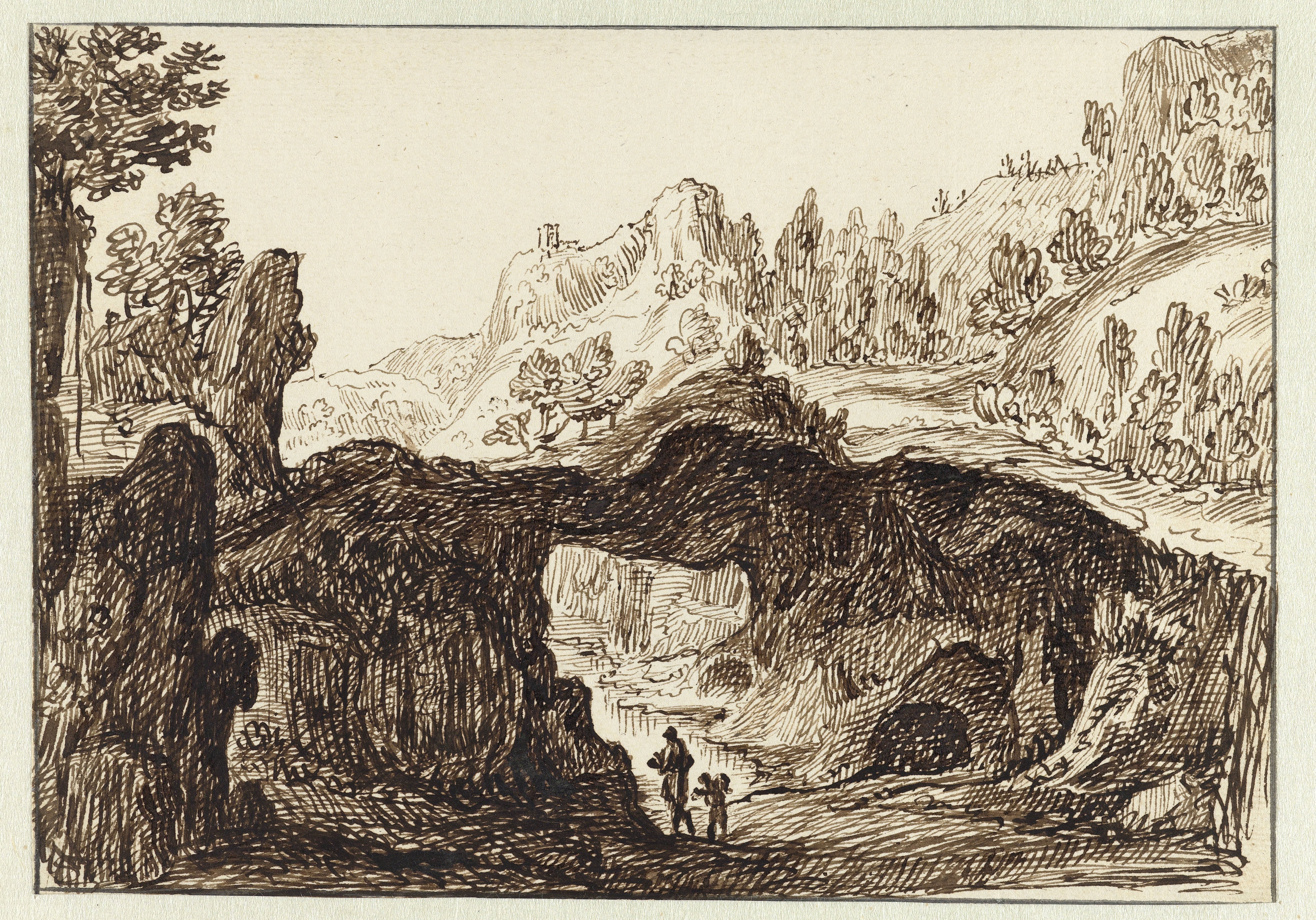 Rotsachtig berglandschap met op de voorgrond twee reizigers