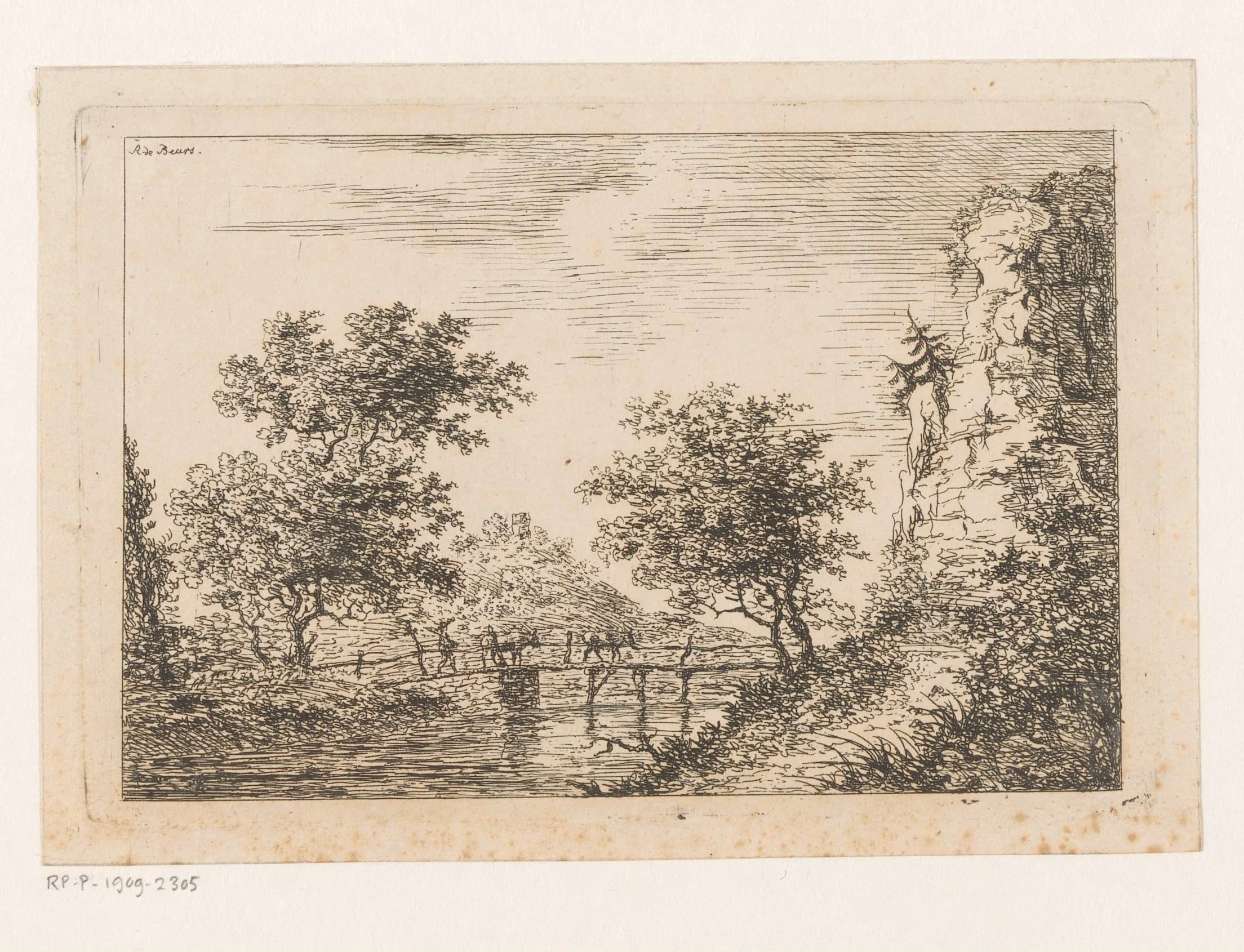 Landschap met een brug waar een man met twee koeien over loopt