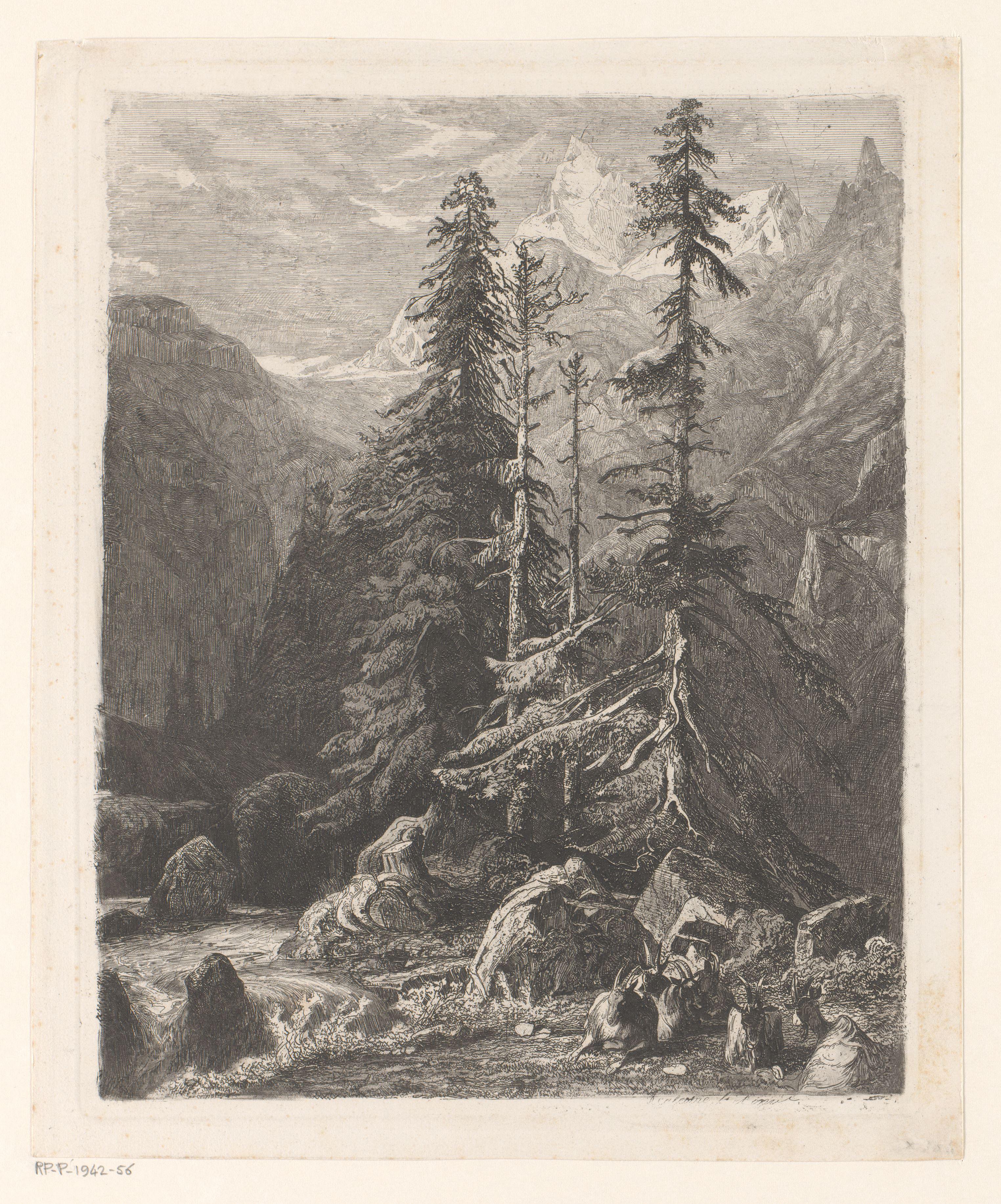Berglandschap met geiten bij een beek