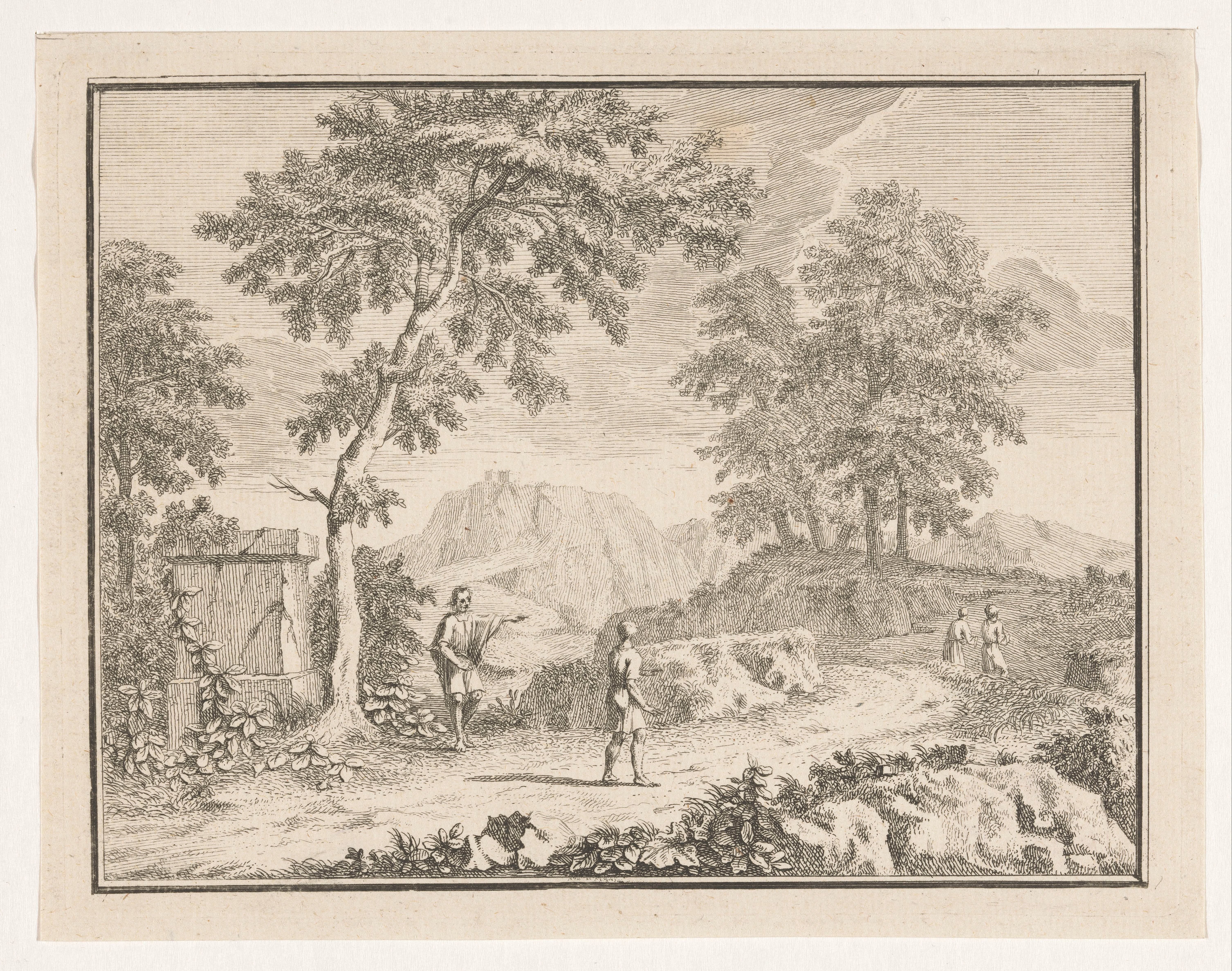Arcadisch landschap met man die de weg wijst