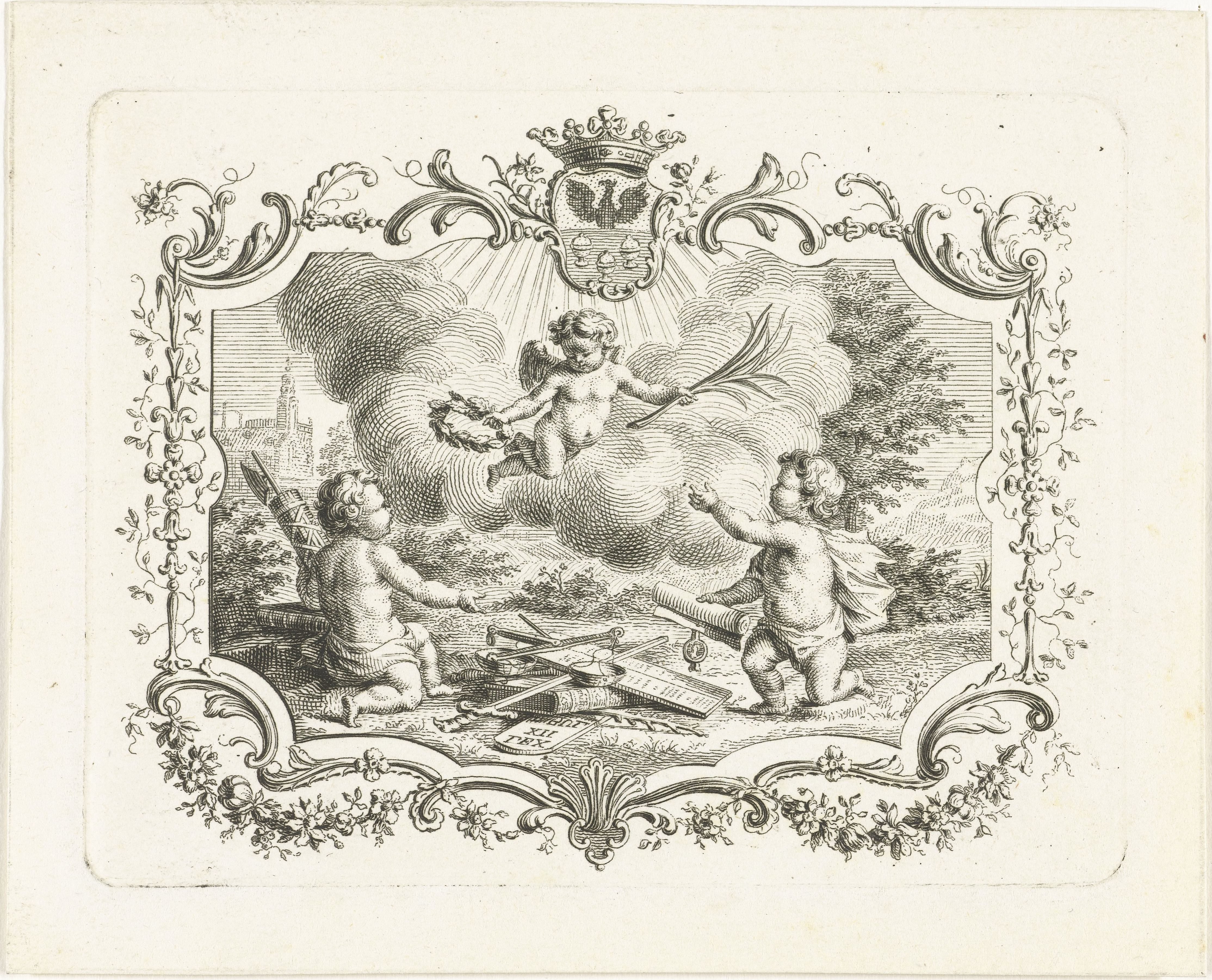 Allegorie op vrede met drie putti in cartouche