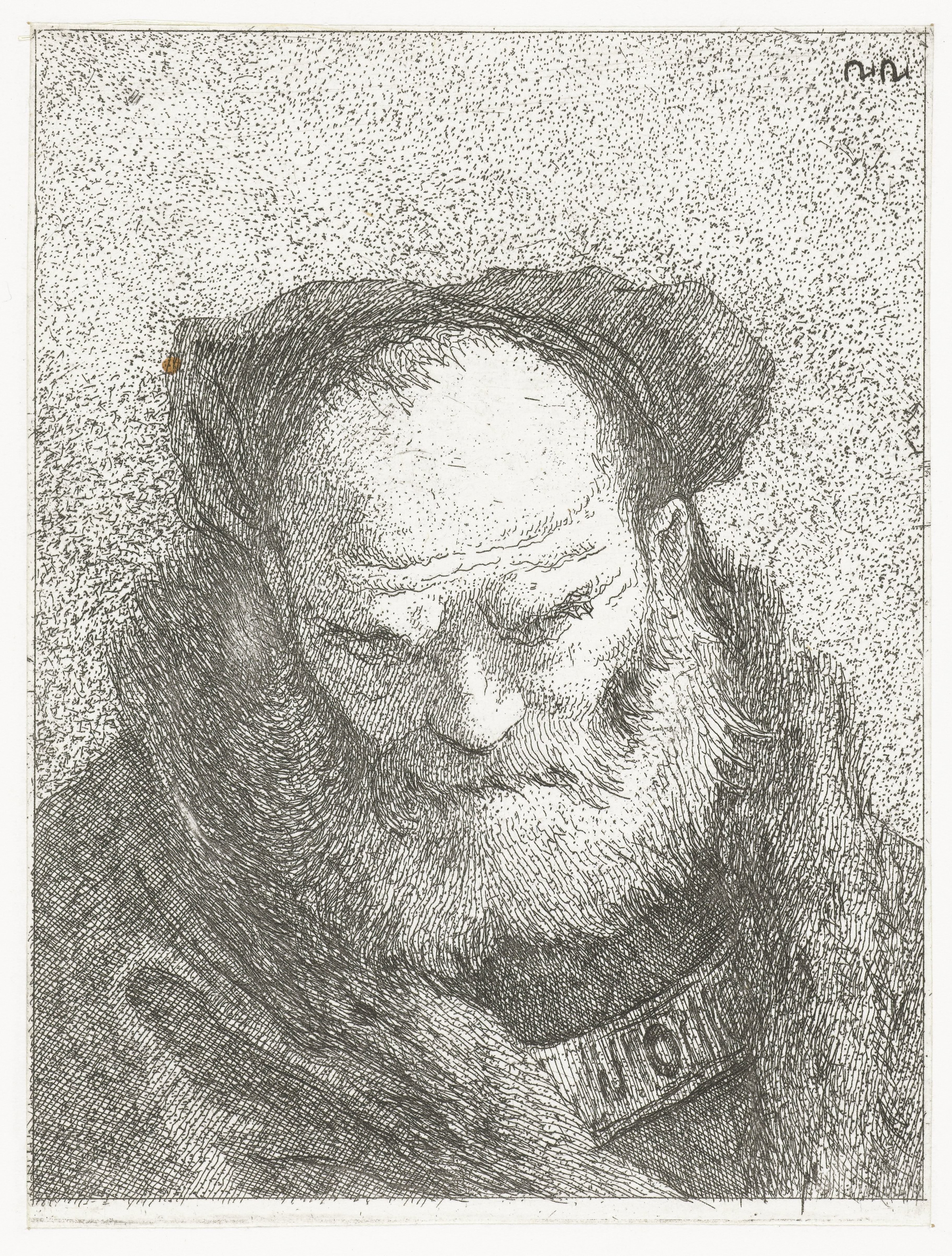 Oude man met baard en gebogen hoofd