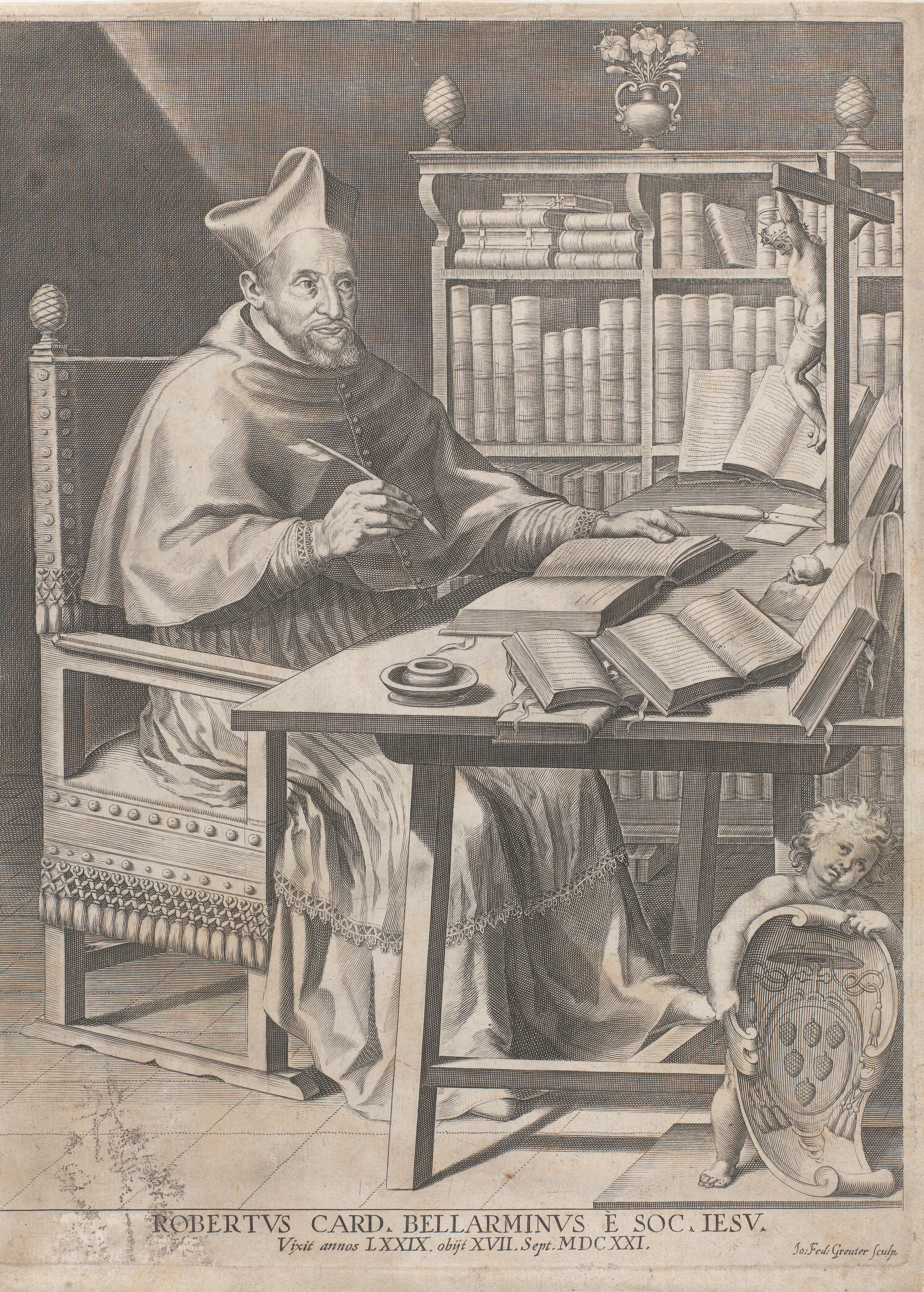 Portret van kardinaal Roberto Bellarmino aan zijn schrijftafel