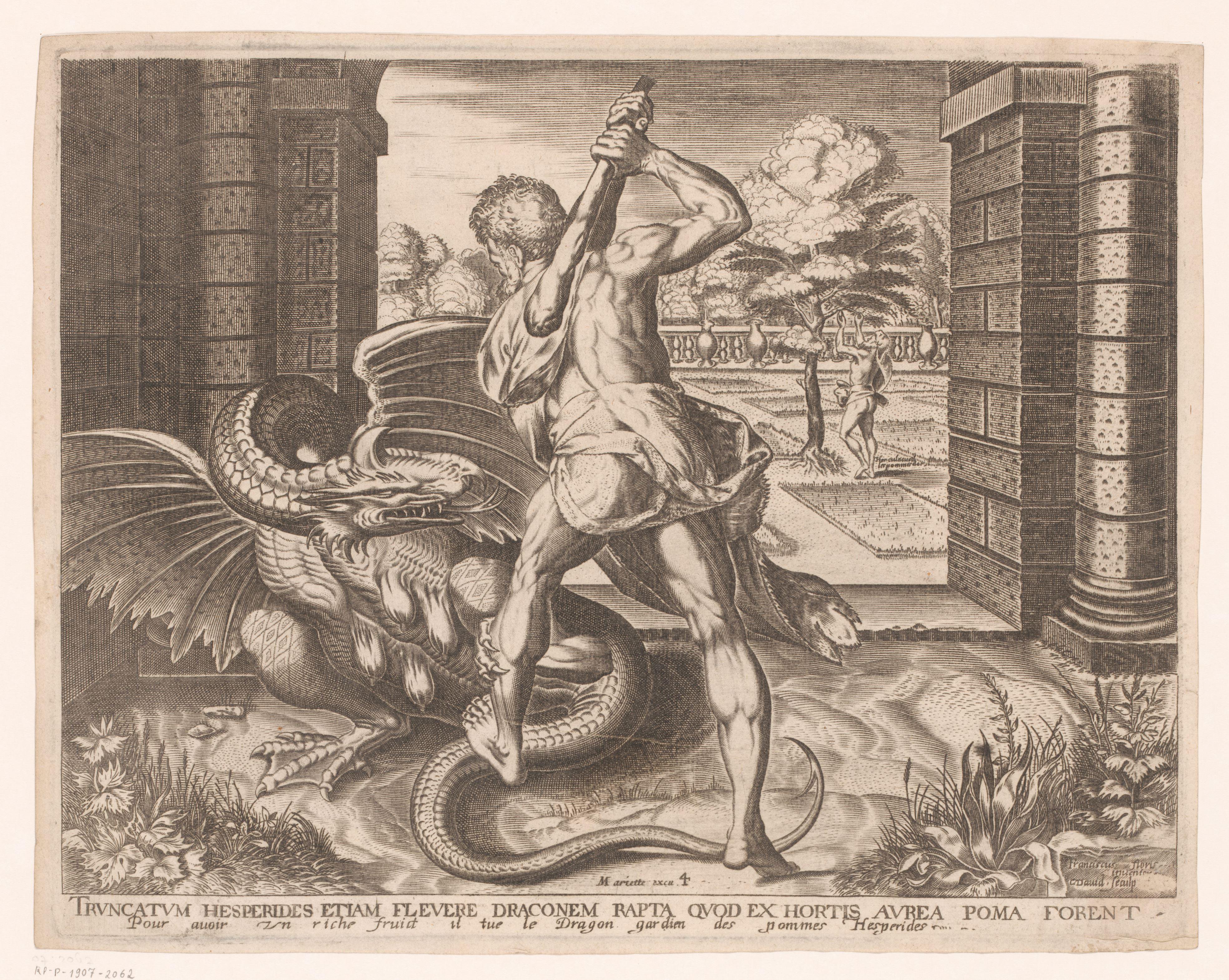 Hercules doodt Ladon en plukt de gouden appelen van de Hesperiden