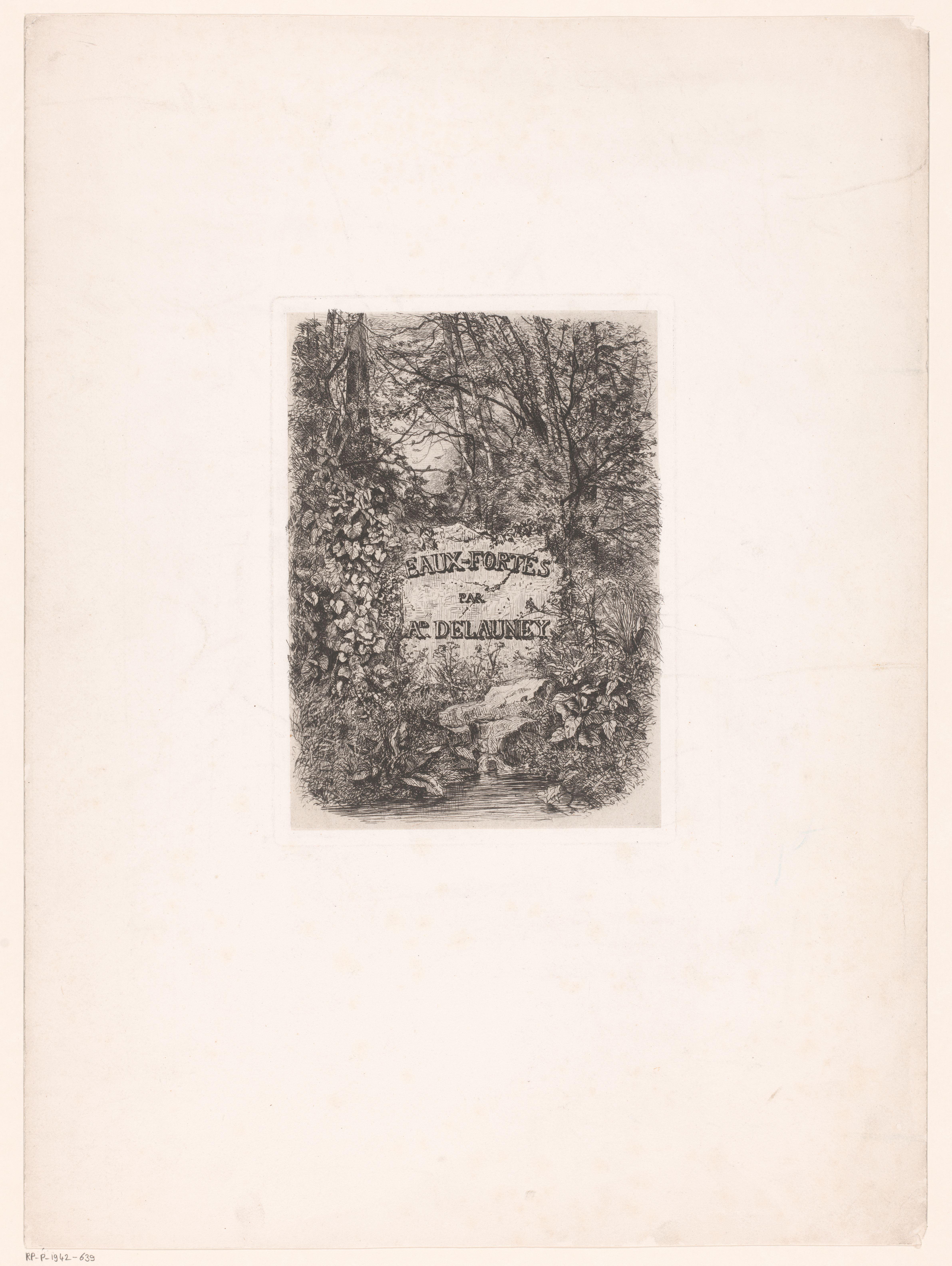 Titelprent met een begroeide steen met inscriptie in een boslandschap