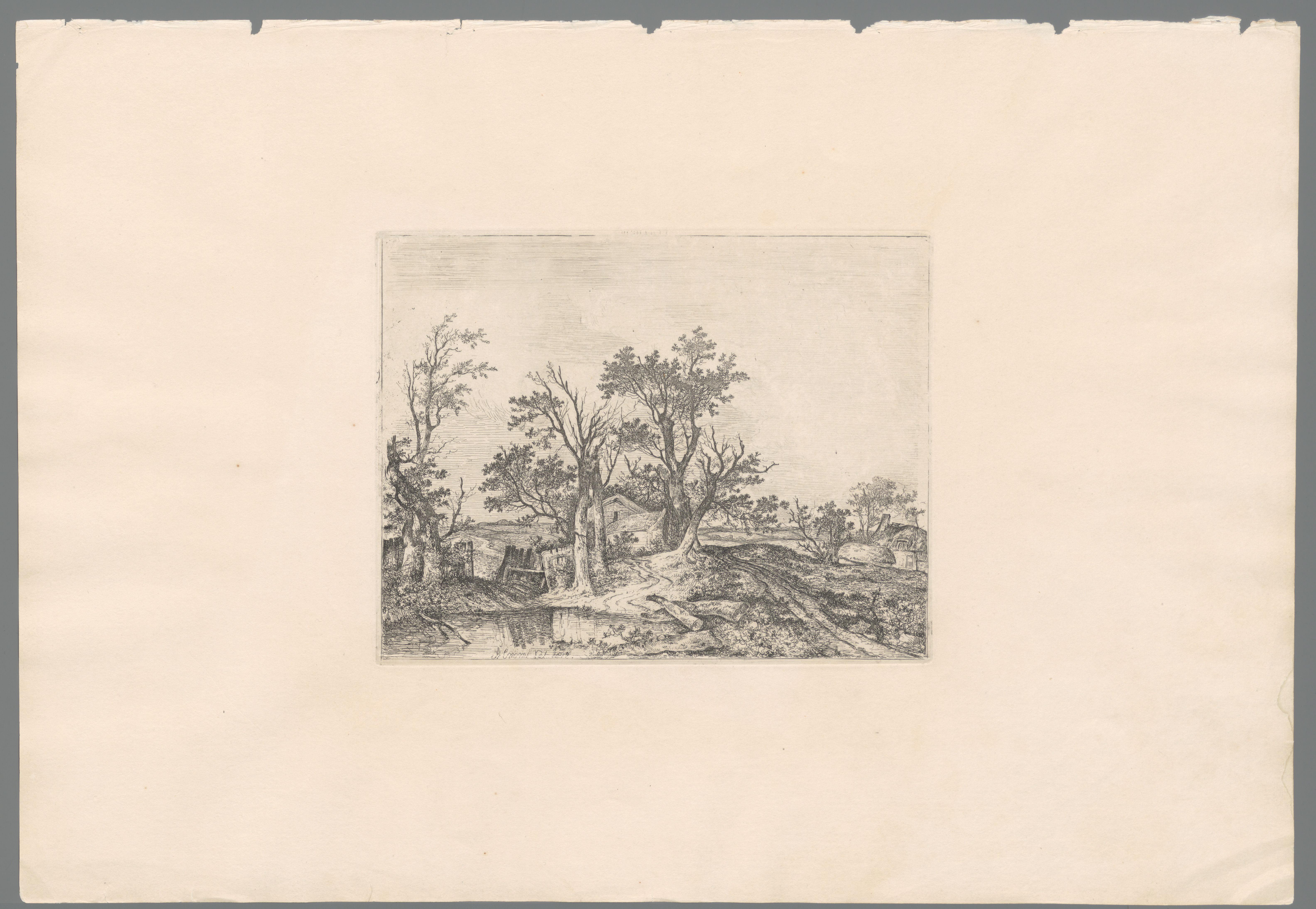 Landschap met poel en een pad dat tussen boerderijen en bomen naar een veld loopt