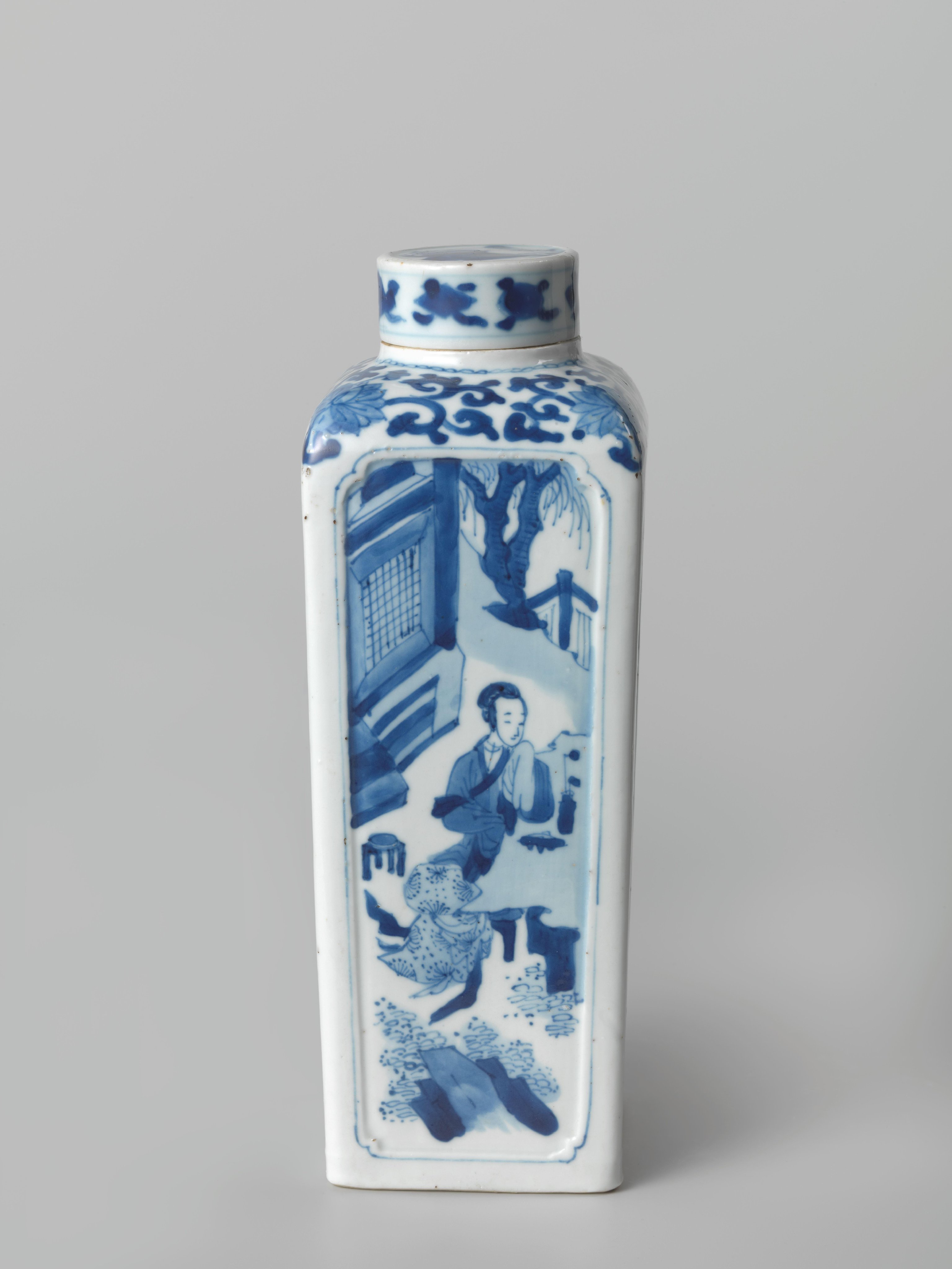Square jar with women in a landscape or garden
