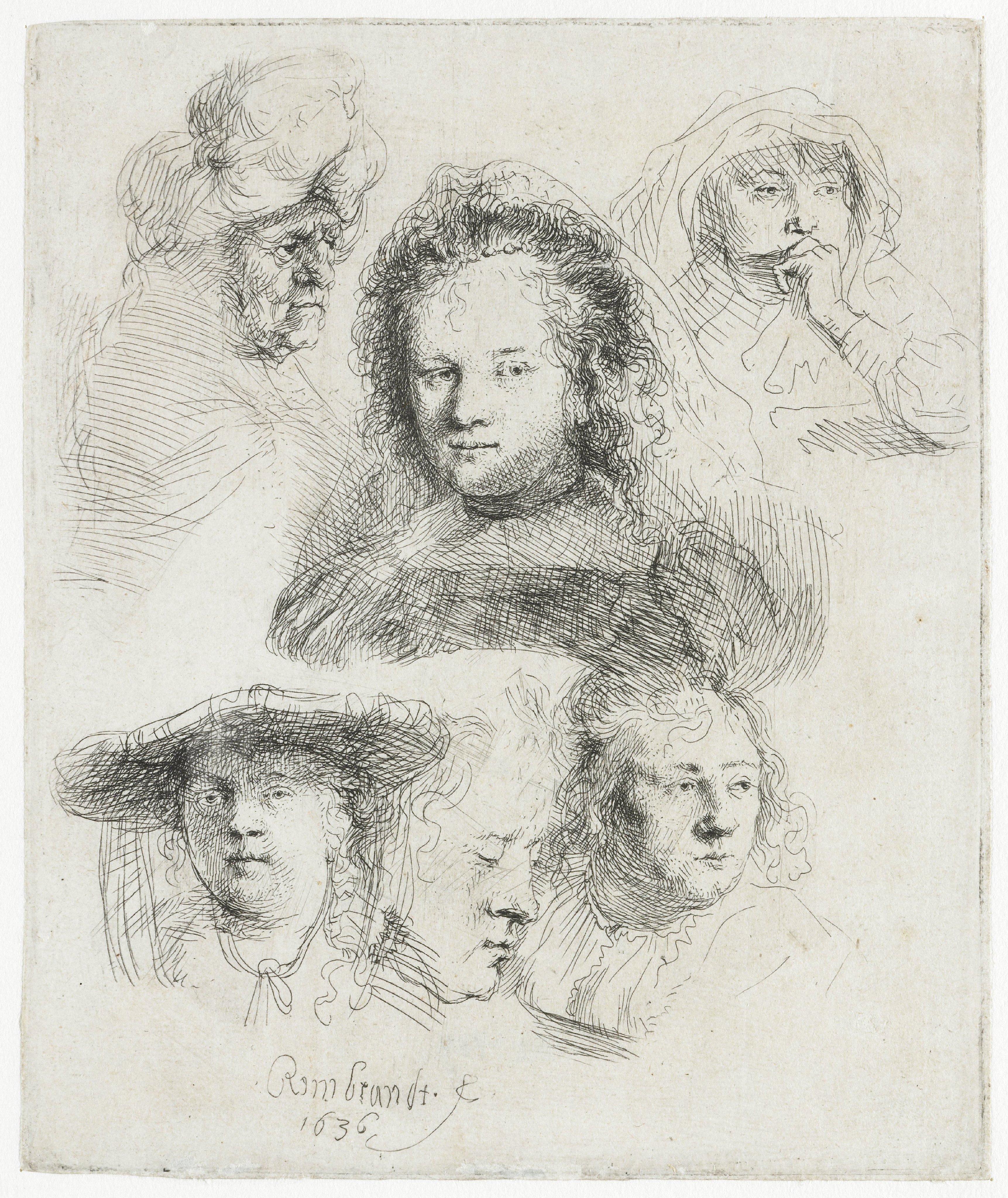 Studies of the head of Saskia and others