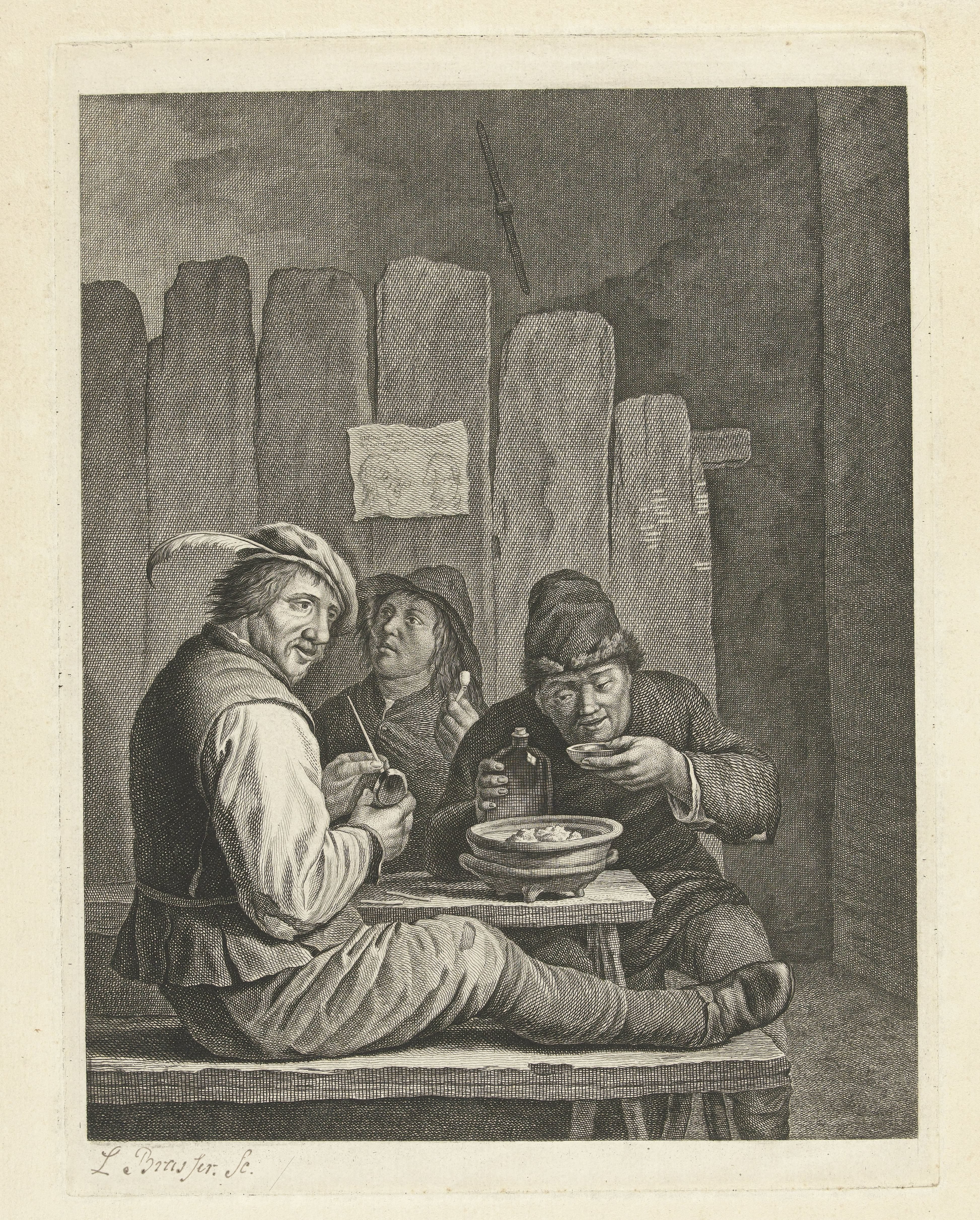 Drie boeren aan een tafel roken en drinken