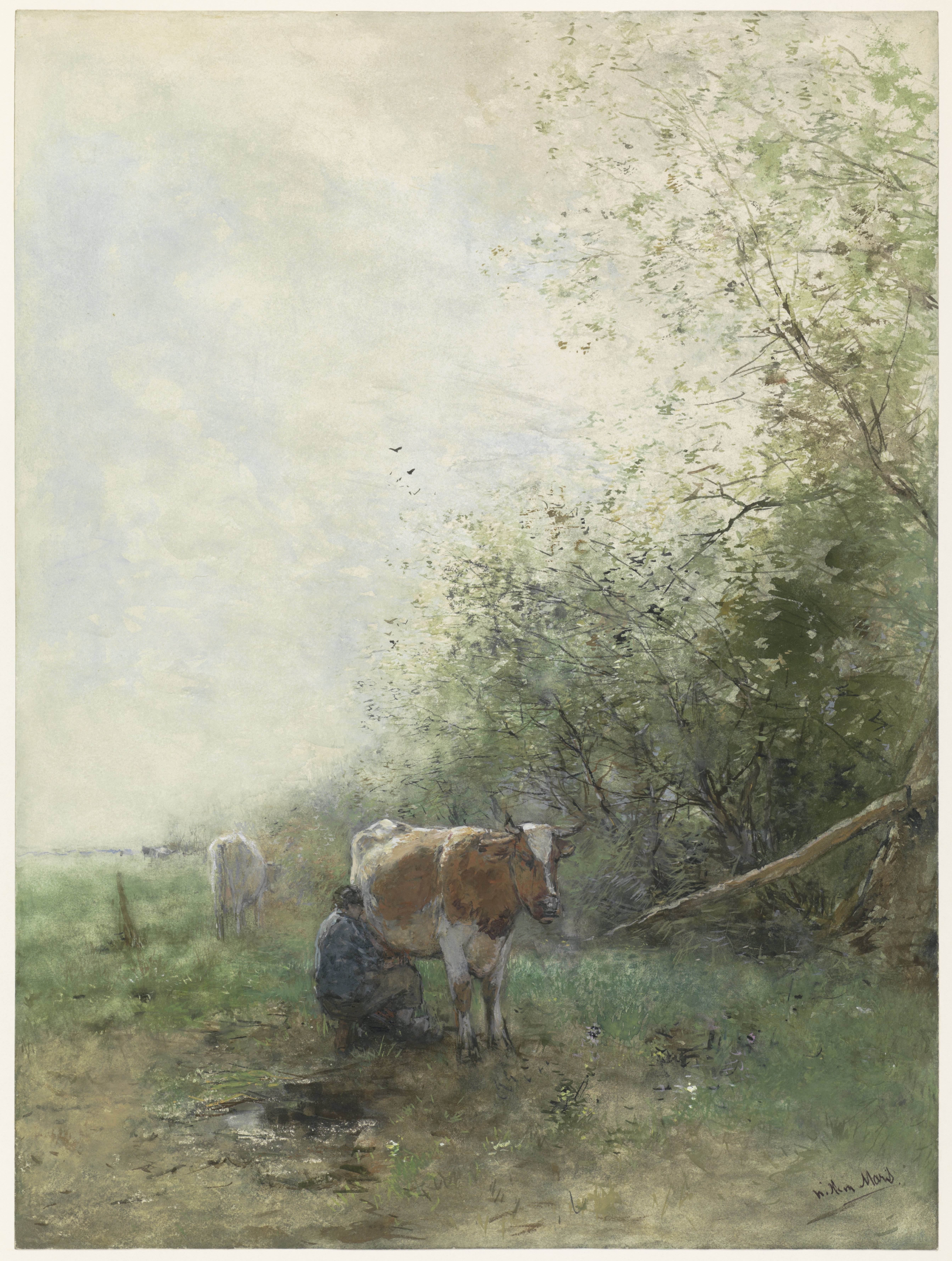 Herder en herderin met hun kudde rustend bij water