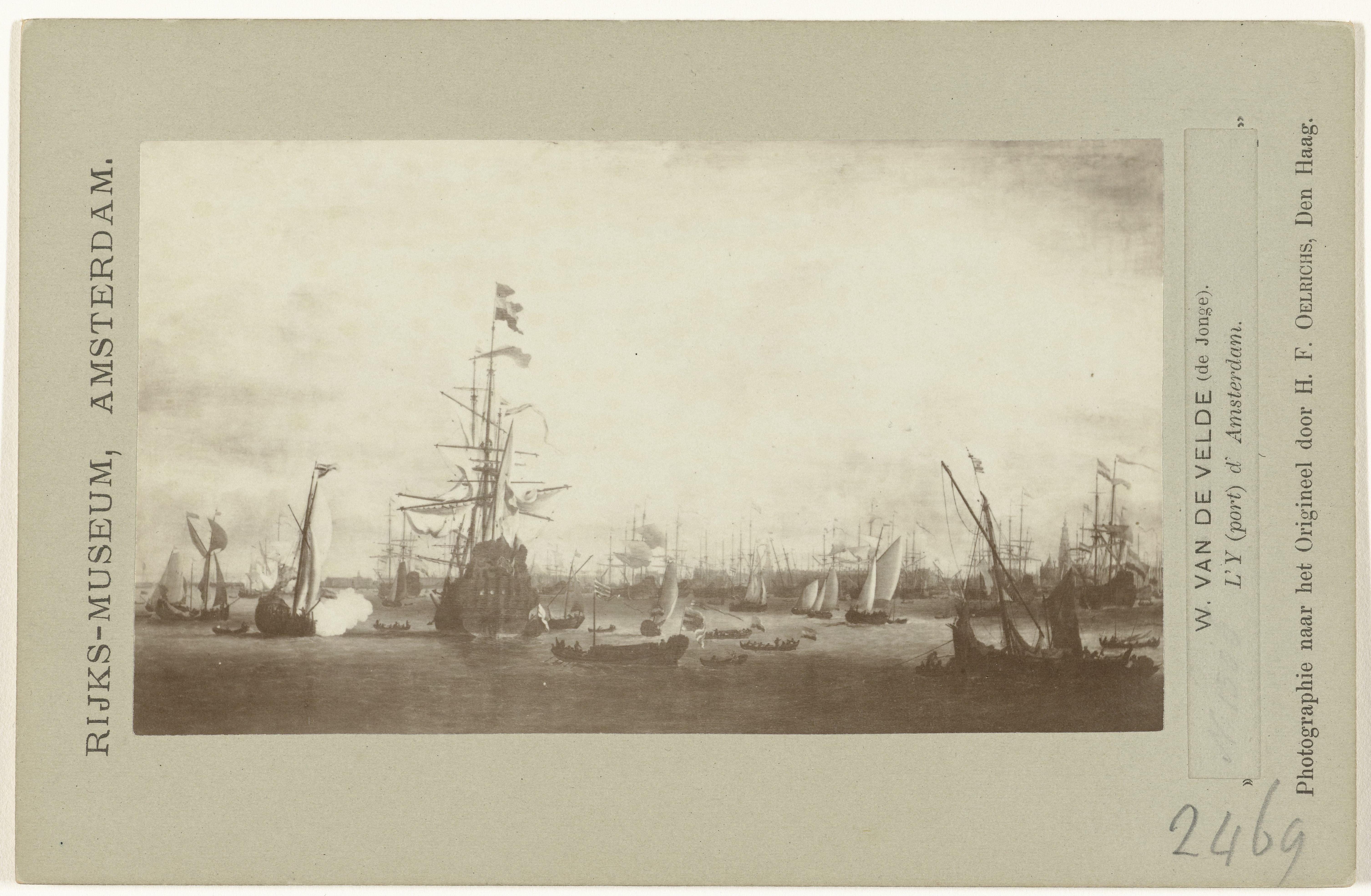 Schilderij Het IJ voor Amsterdam met de 'Gouden Leeuw' door Willem van de Velde II, coll. Rijksmuseum