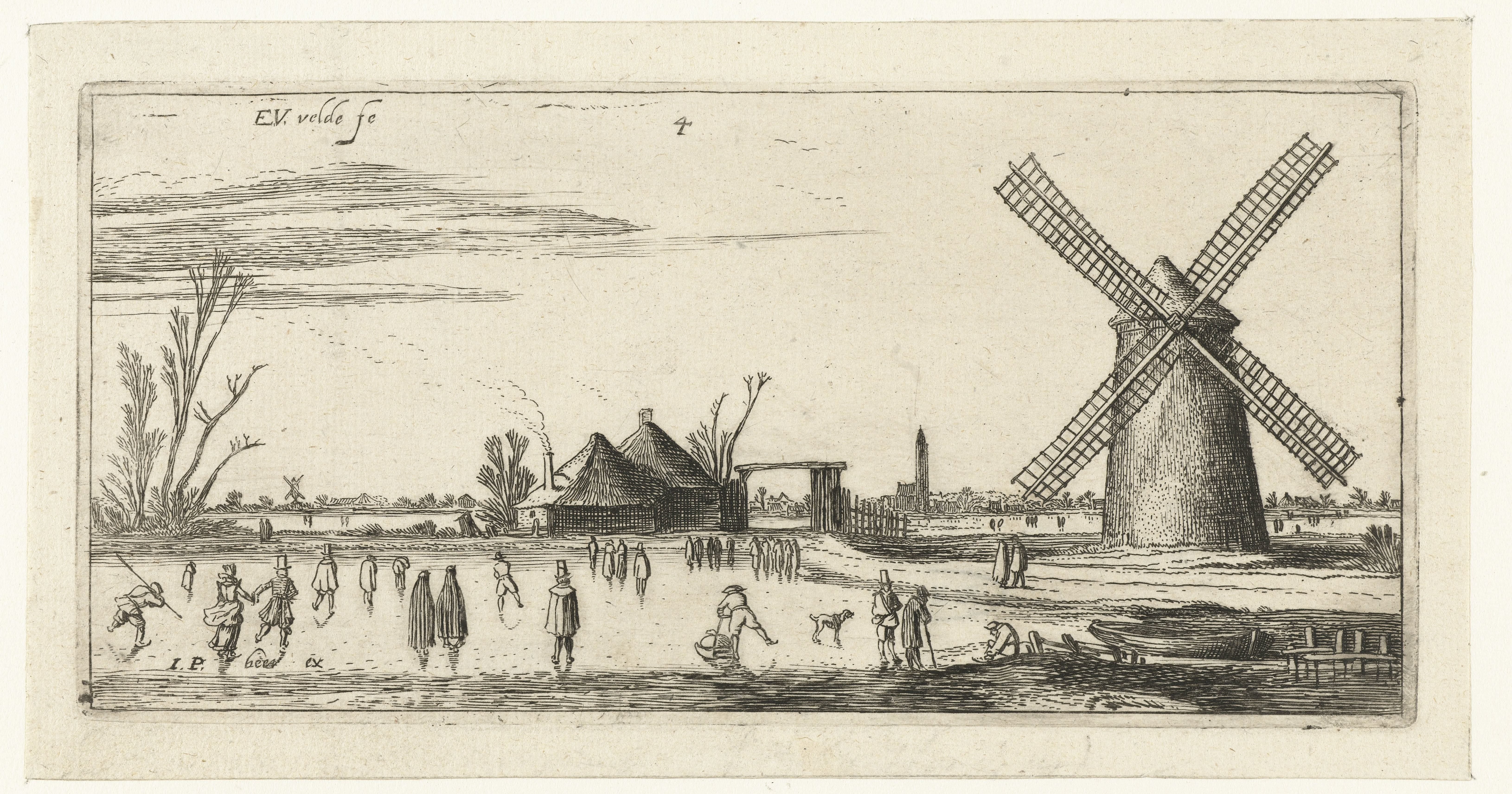 Schaatsers op het ijs bij een molen in de buurt van Penningsveer