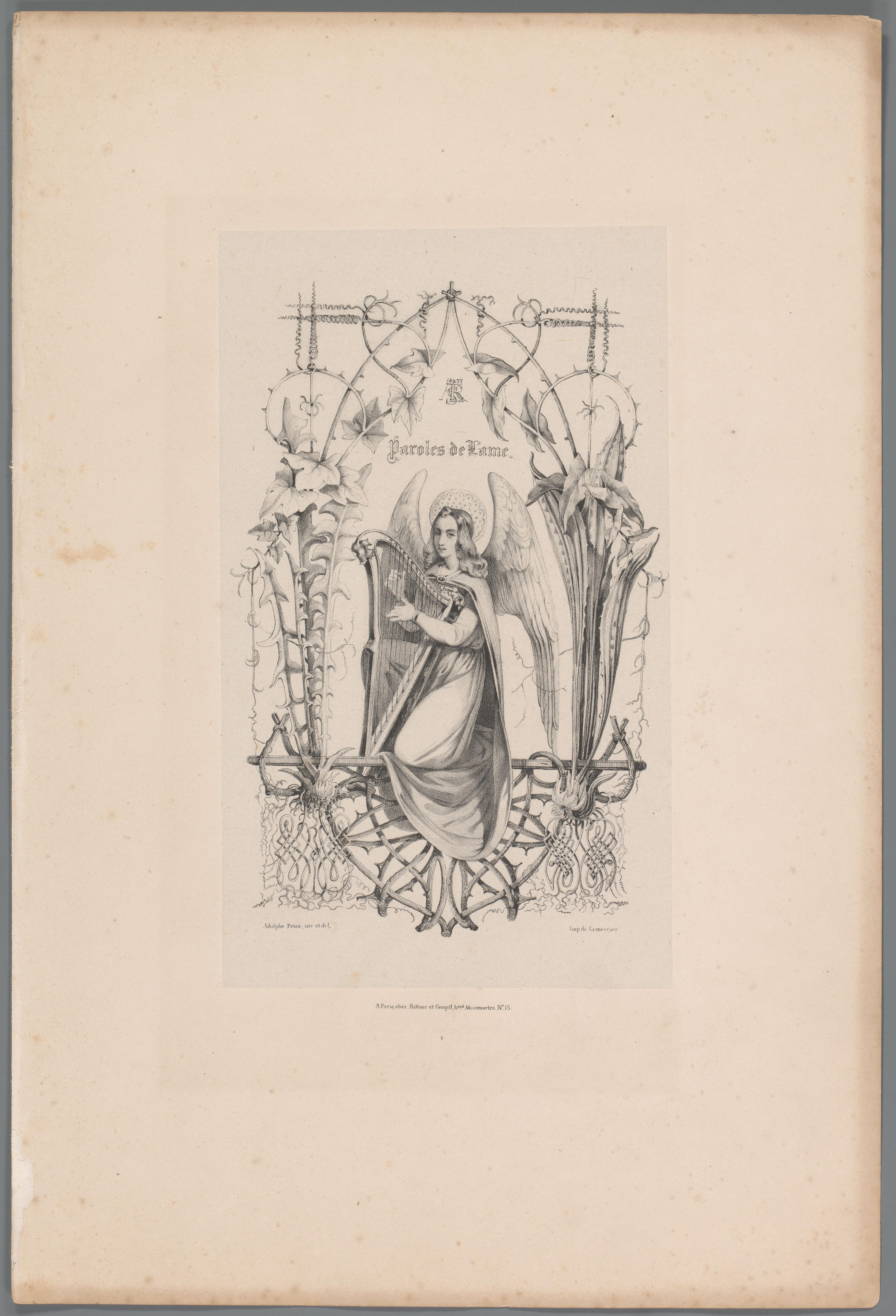 Engel met harp in ornamenteel kader
