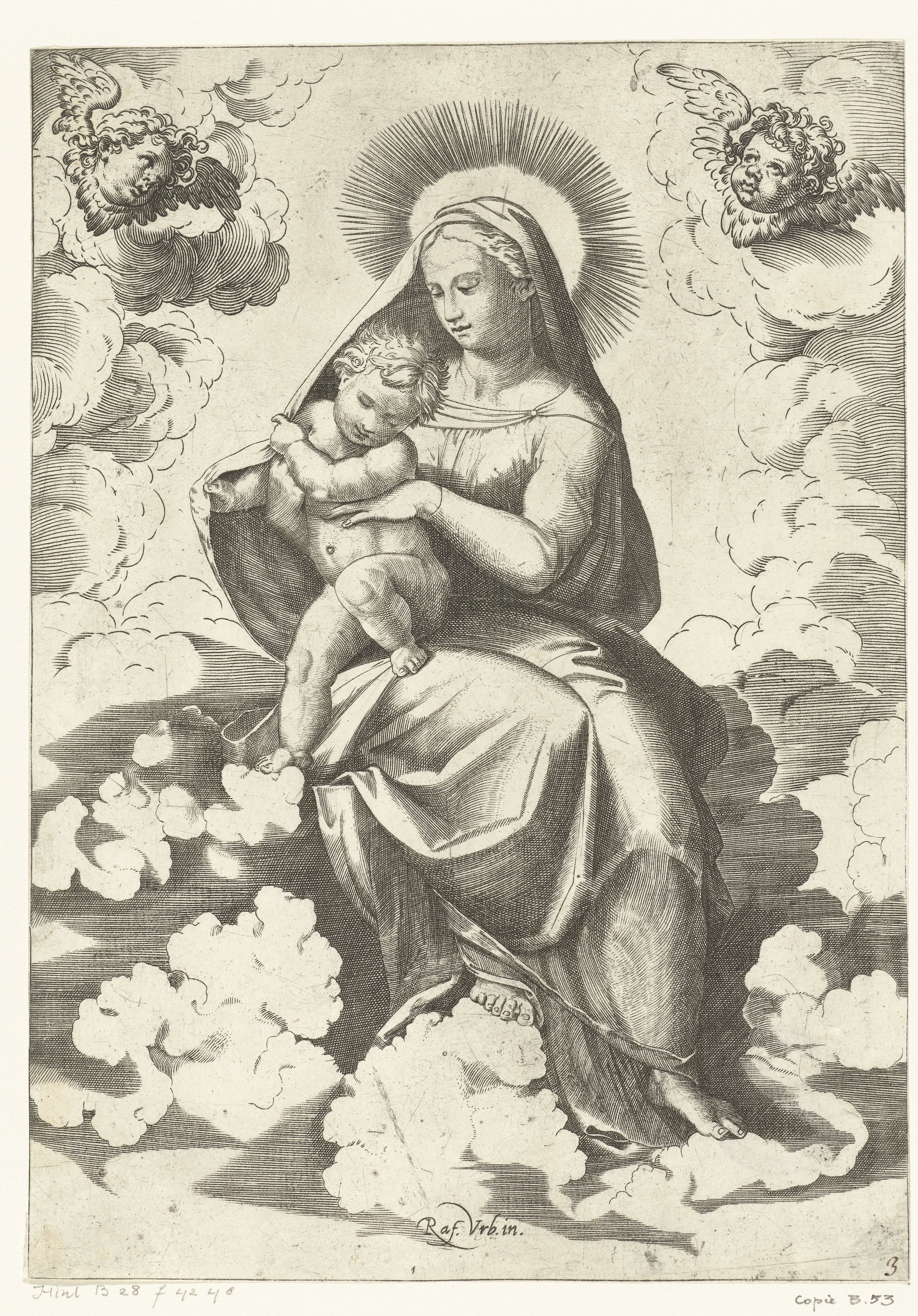 Maria met kind zittend in wolken met twee engelenhoofdjes
