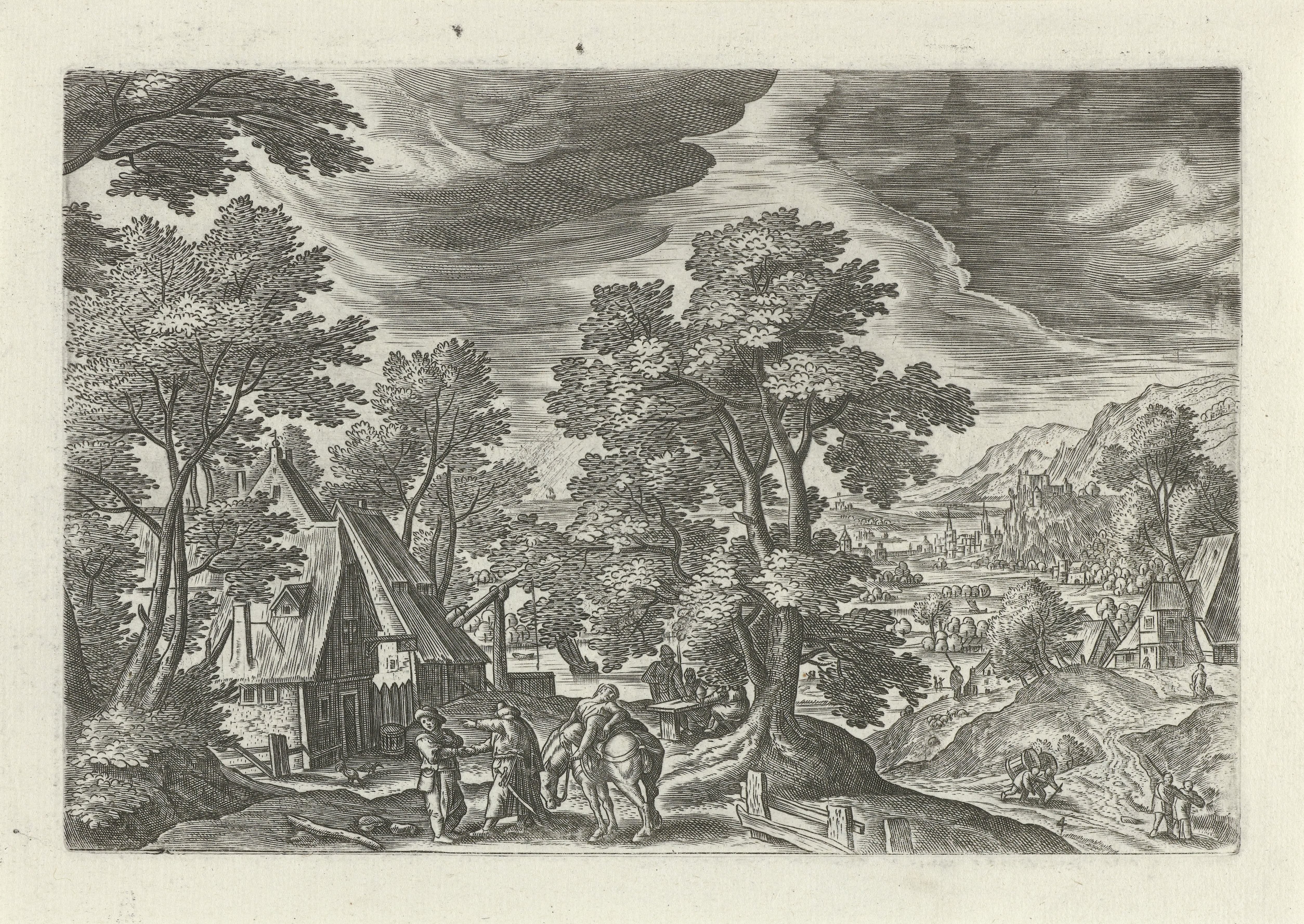 Landschap met de barmhartige Samaritaan die de gewonde reiziger bij een herberg afzet
