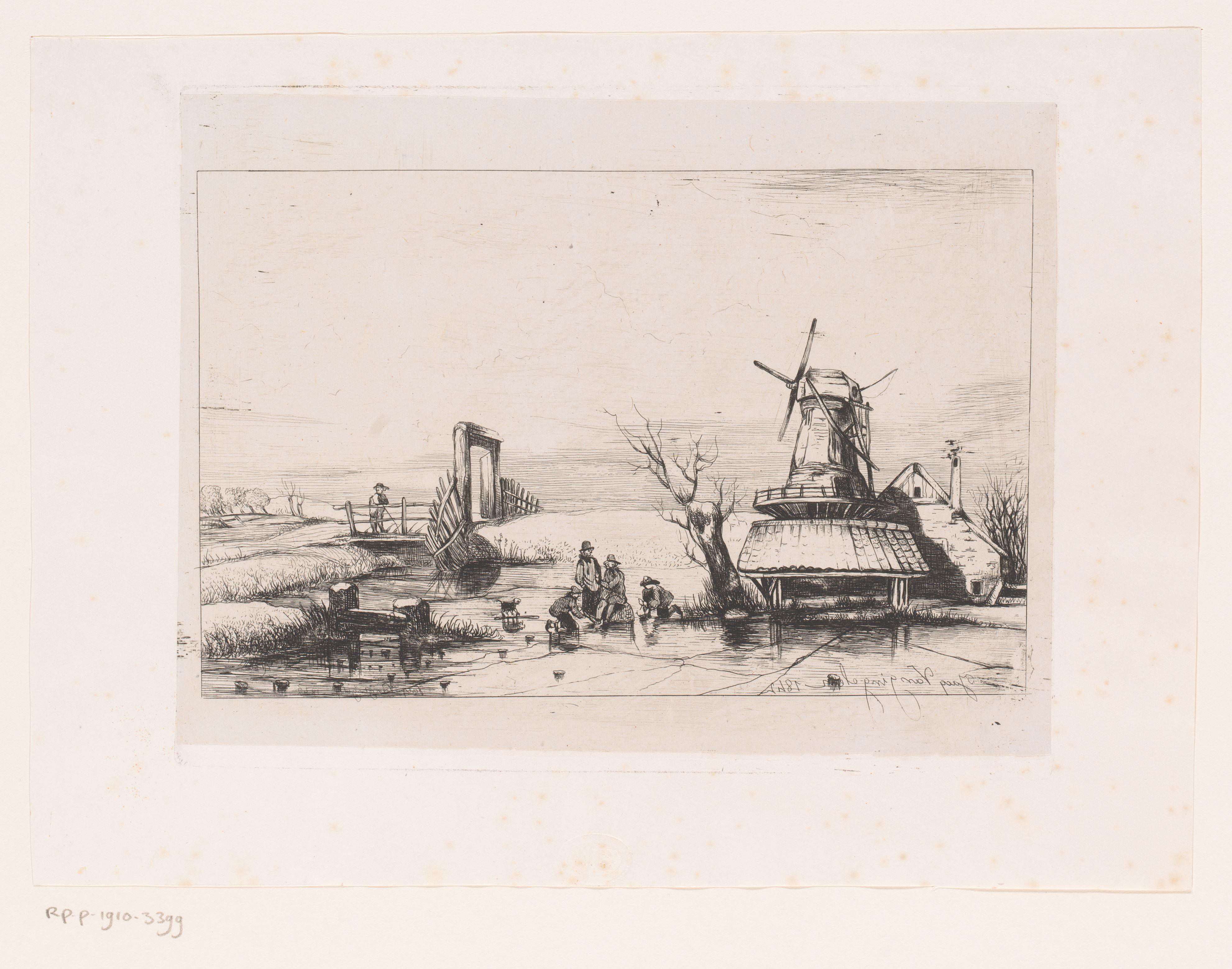Landschap met schaatsers op het ijs rondom een molen