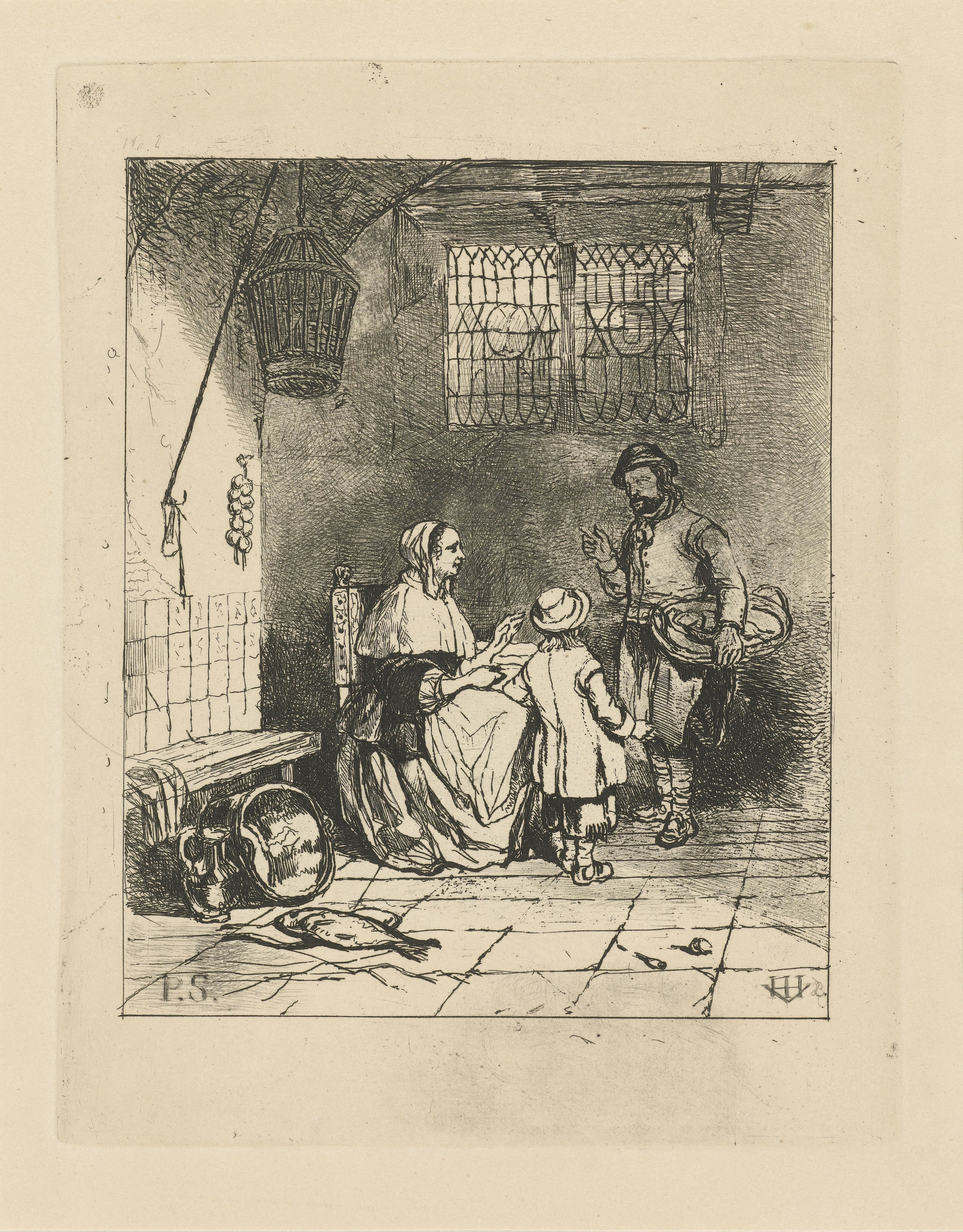 Drie figuren in een keukeninterieur