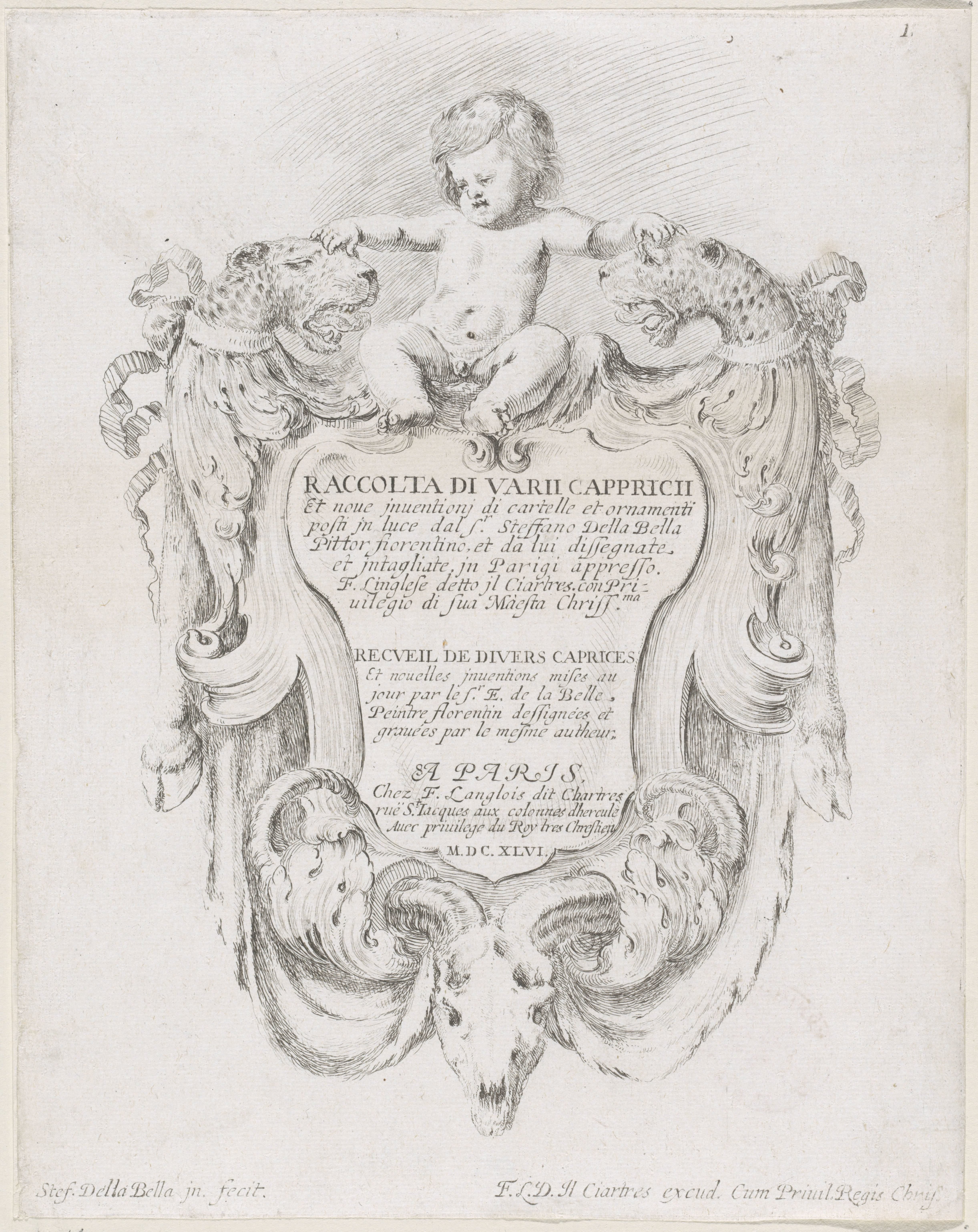 Titelprent met cartouche met een putto, twee panterkoppen en een schedel van een ram