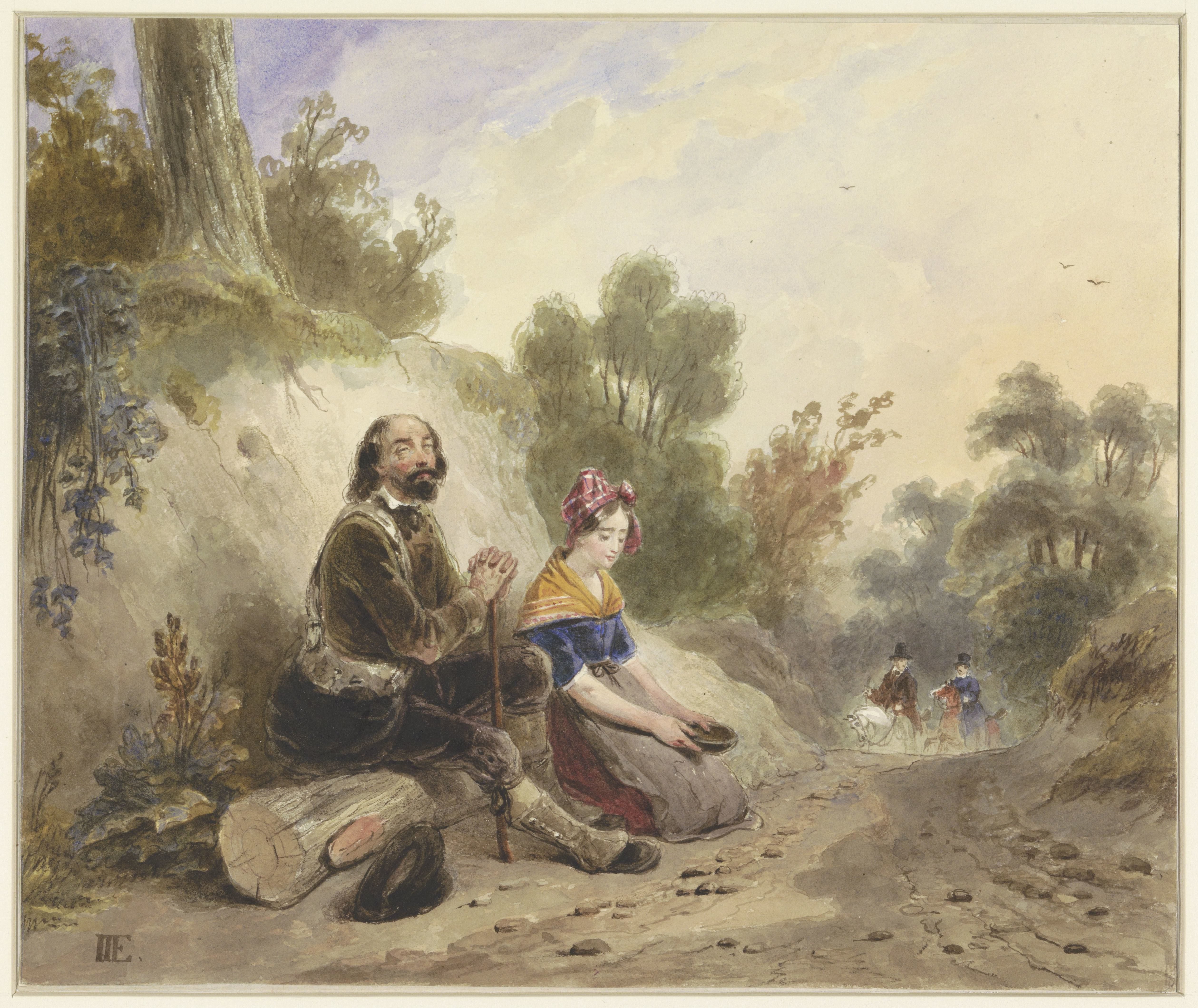 Blinde man met meisje, bedelend aan de kant van een landweg