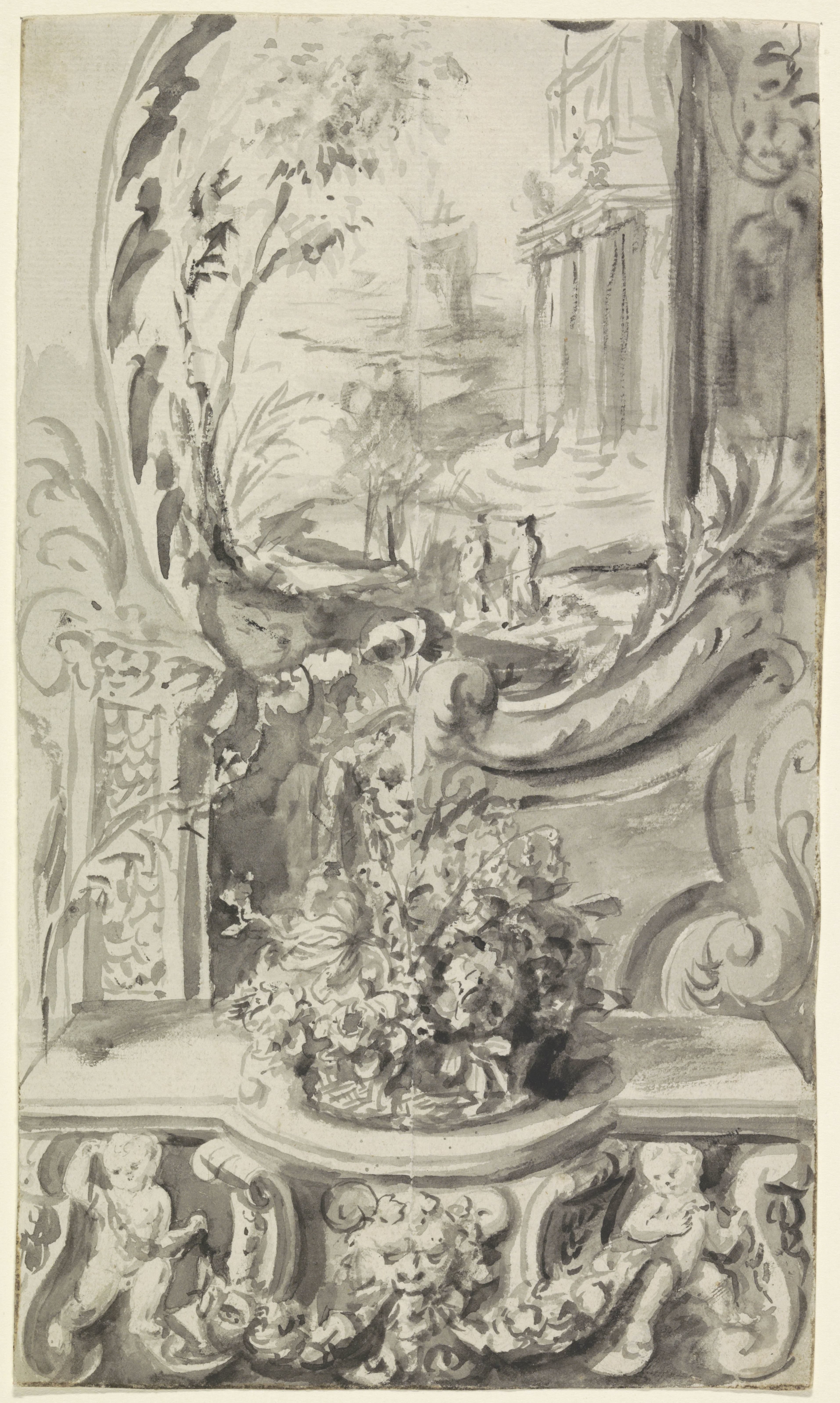 Decoratief ontwerp met putti en bloemen