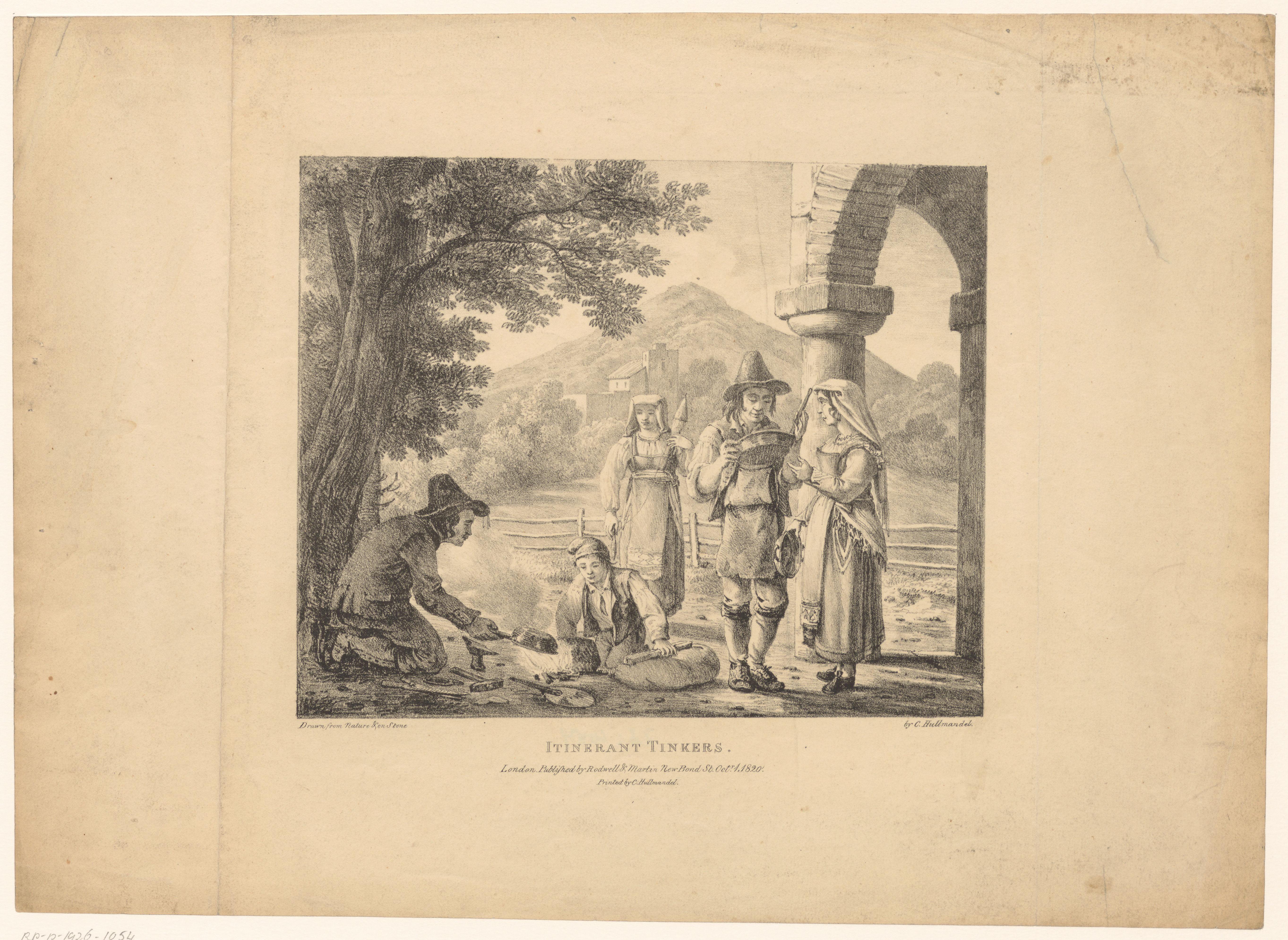 Landschap met figuren met pannen rondom een vuur