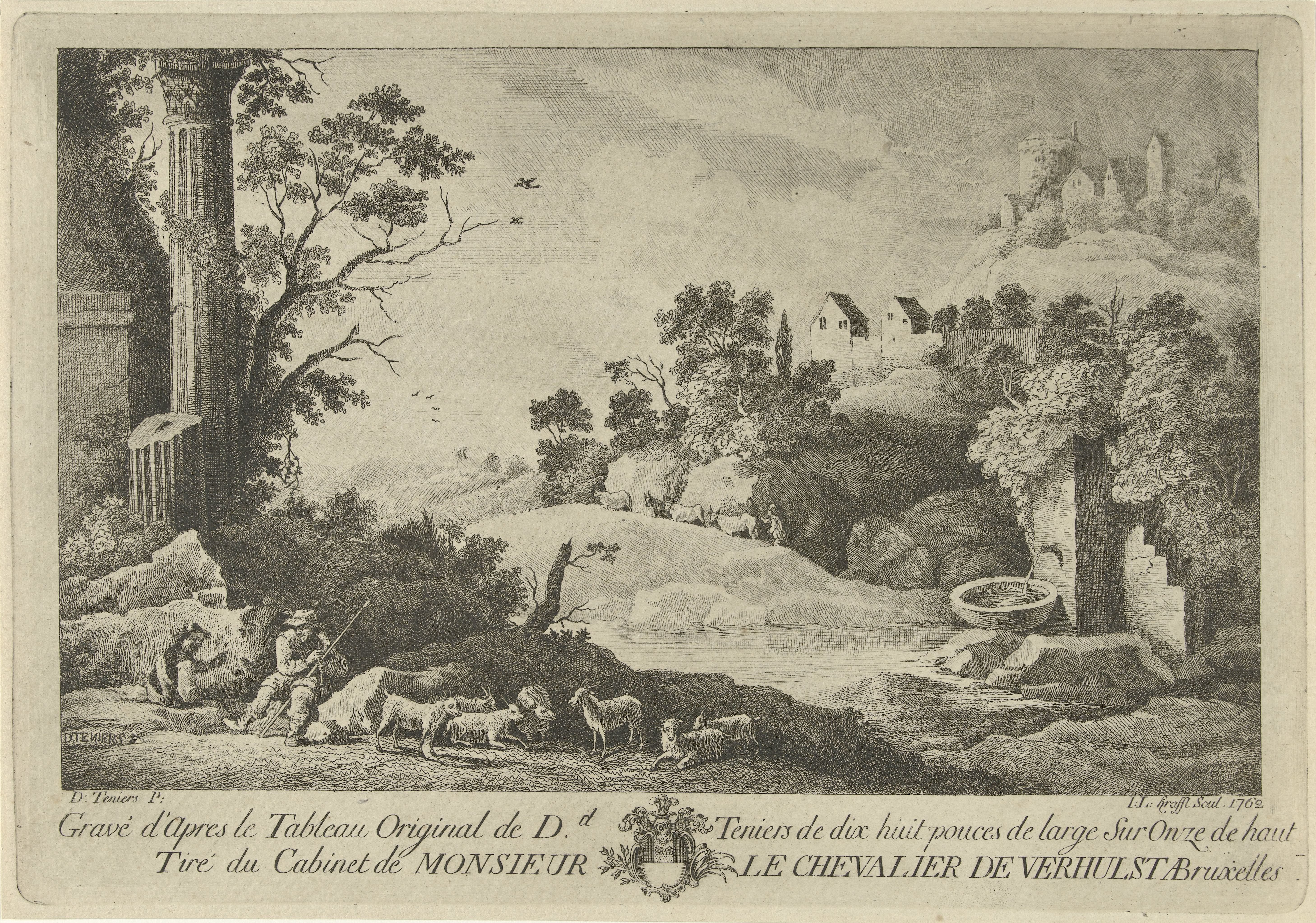Gezicht op een landschap met herders