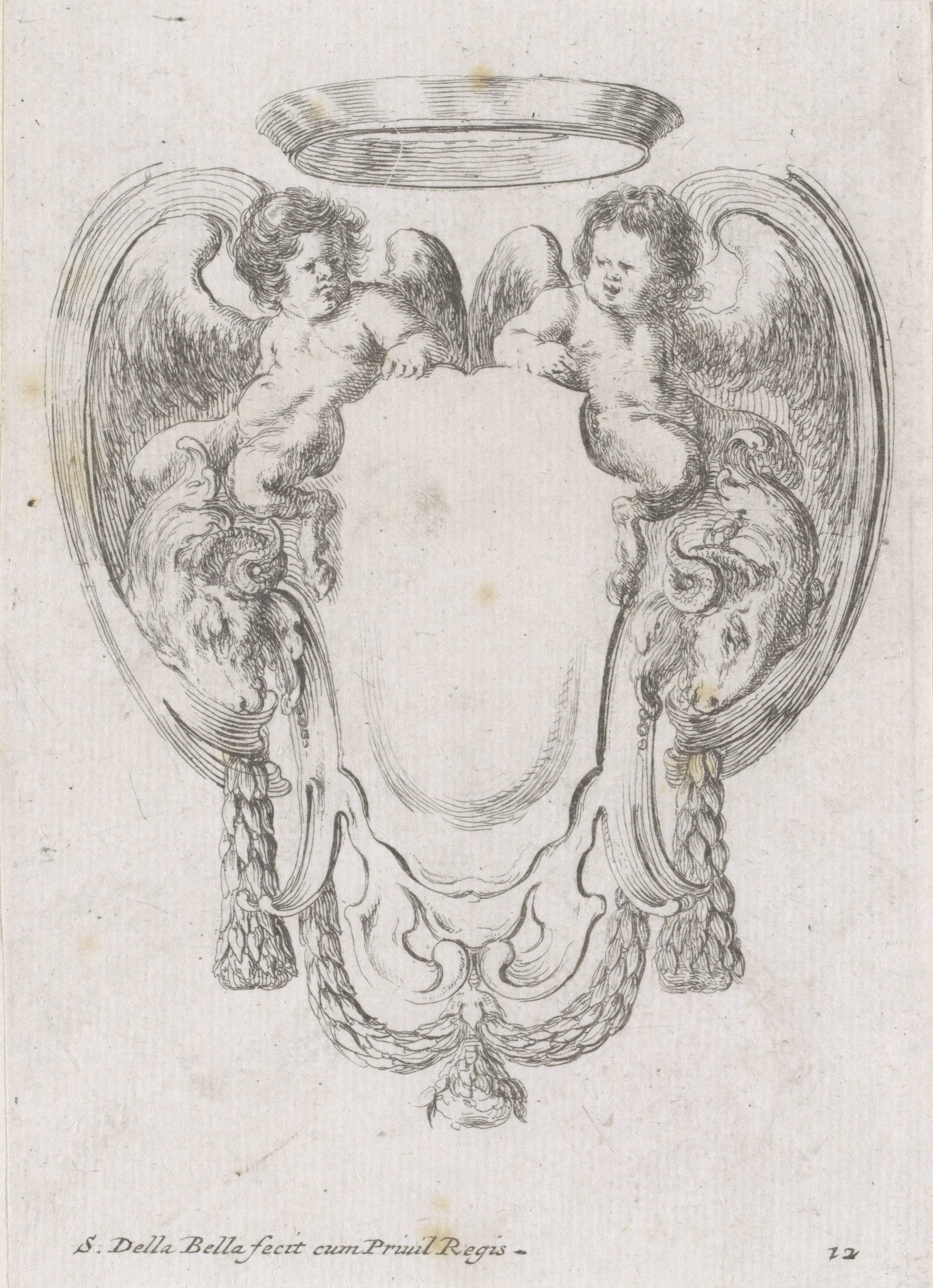 Cartouche met twee ramskoppen, twee putti en een kroon
