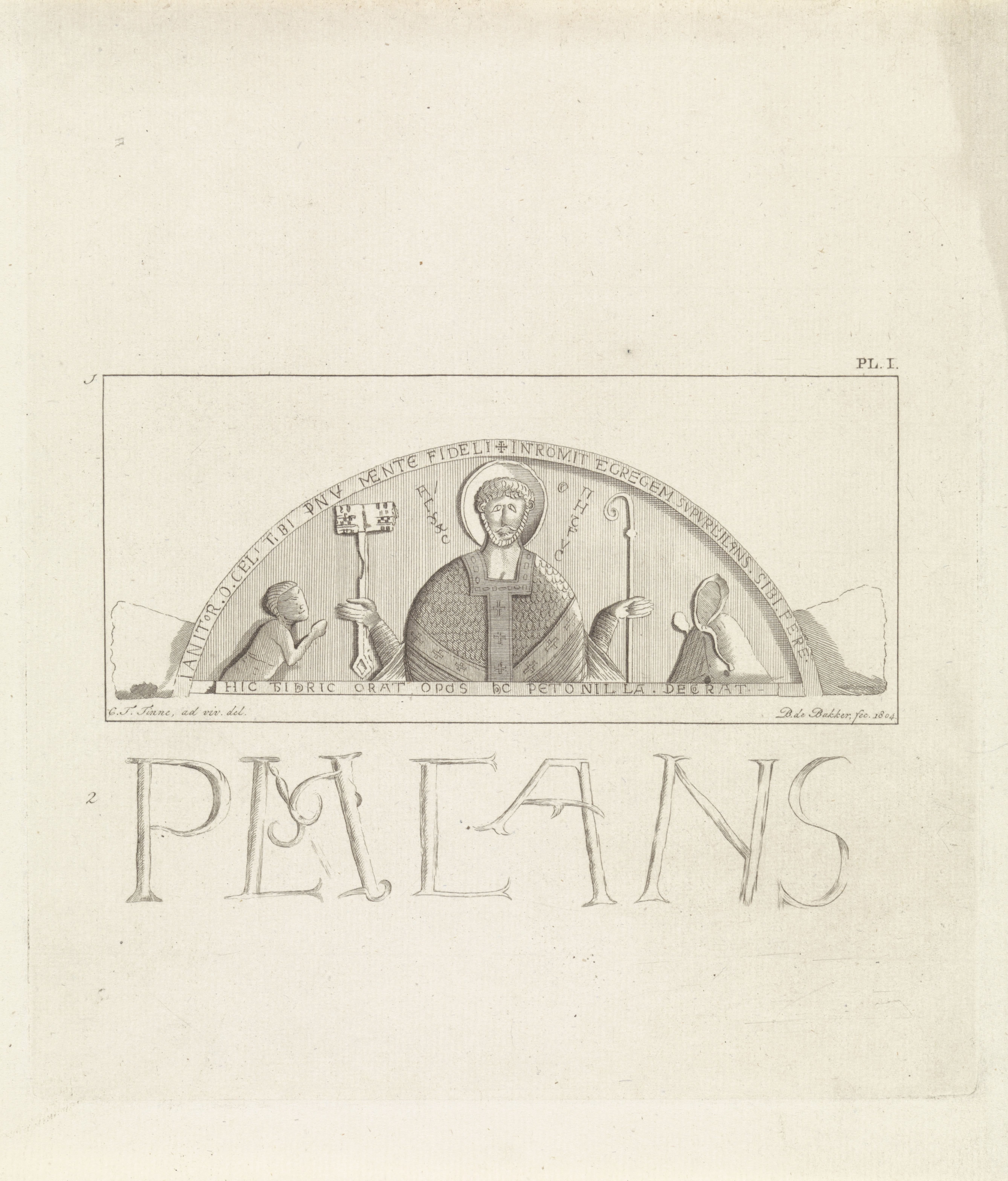 Reliëf op het timpaan van Egmond met heilige Petrus en graaf Dirk VI van Holland en gravin Petronella