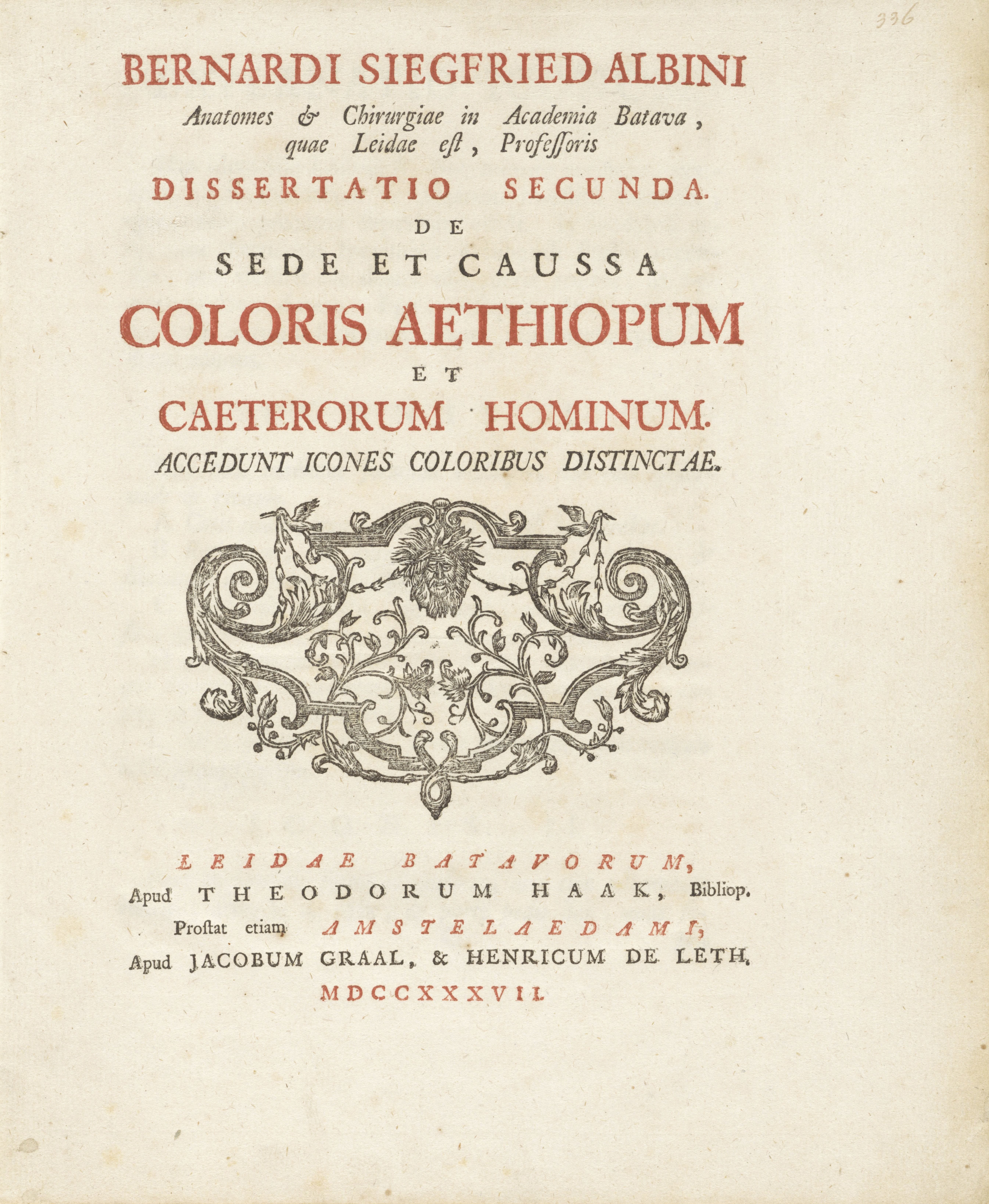 Titelpagina en twee pagina's van Bernhard Siegfried Albinus' 'Dissertatio secunda de sede et caussa Coloris Aethiopum', 1737