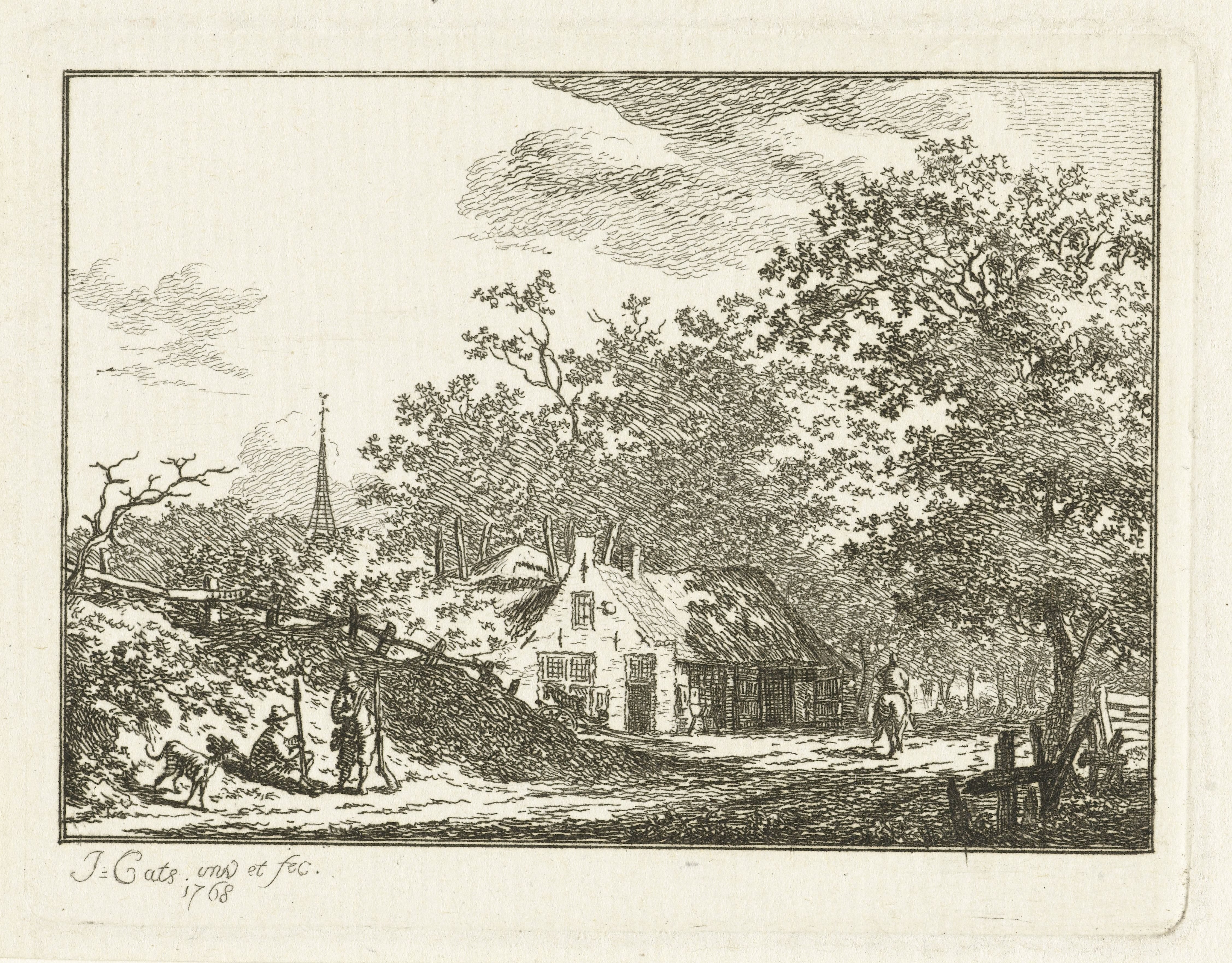 Landschap met twee jagers langs de weg