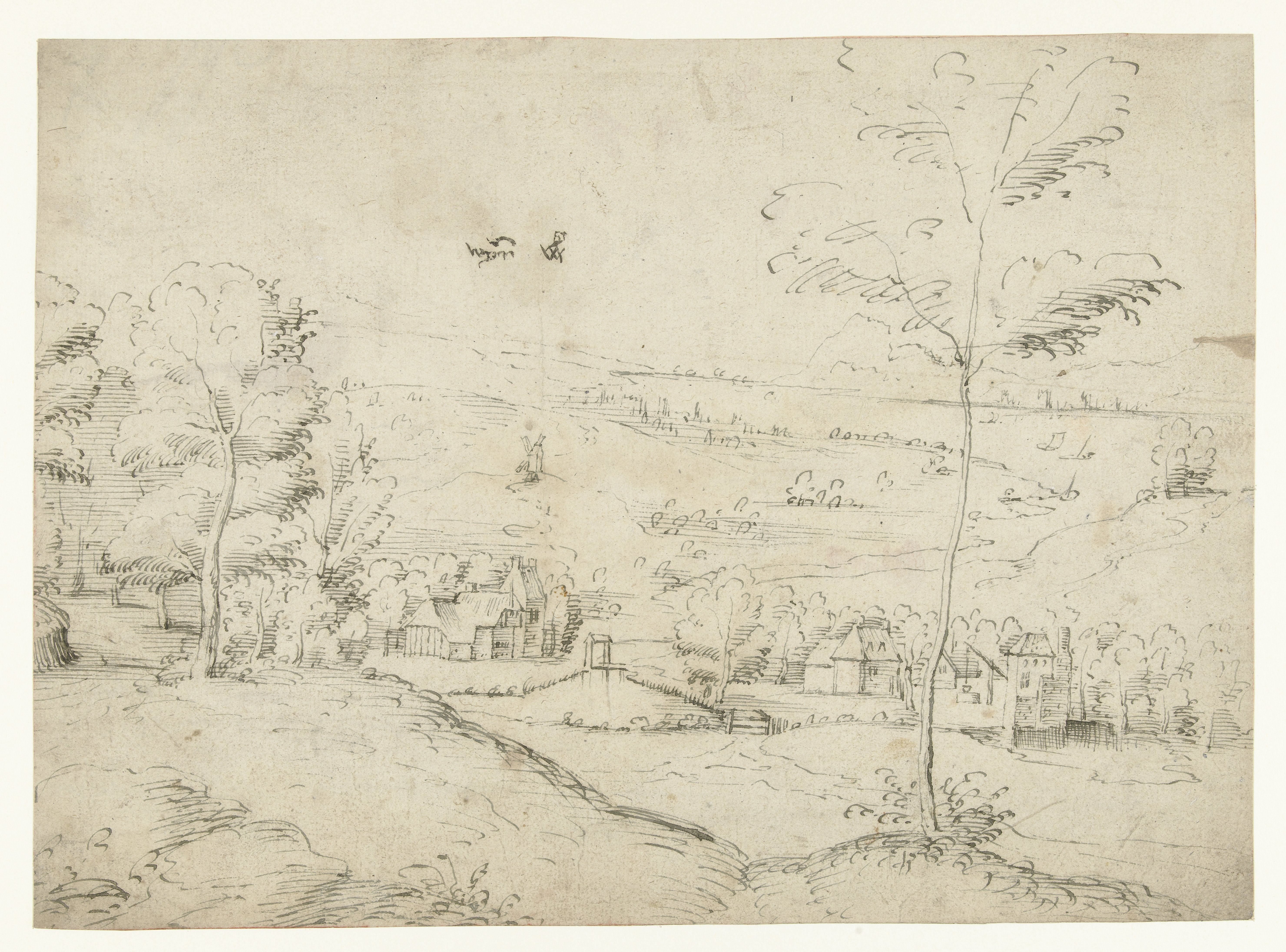 Landschap met boerderijen bij een rivier