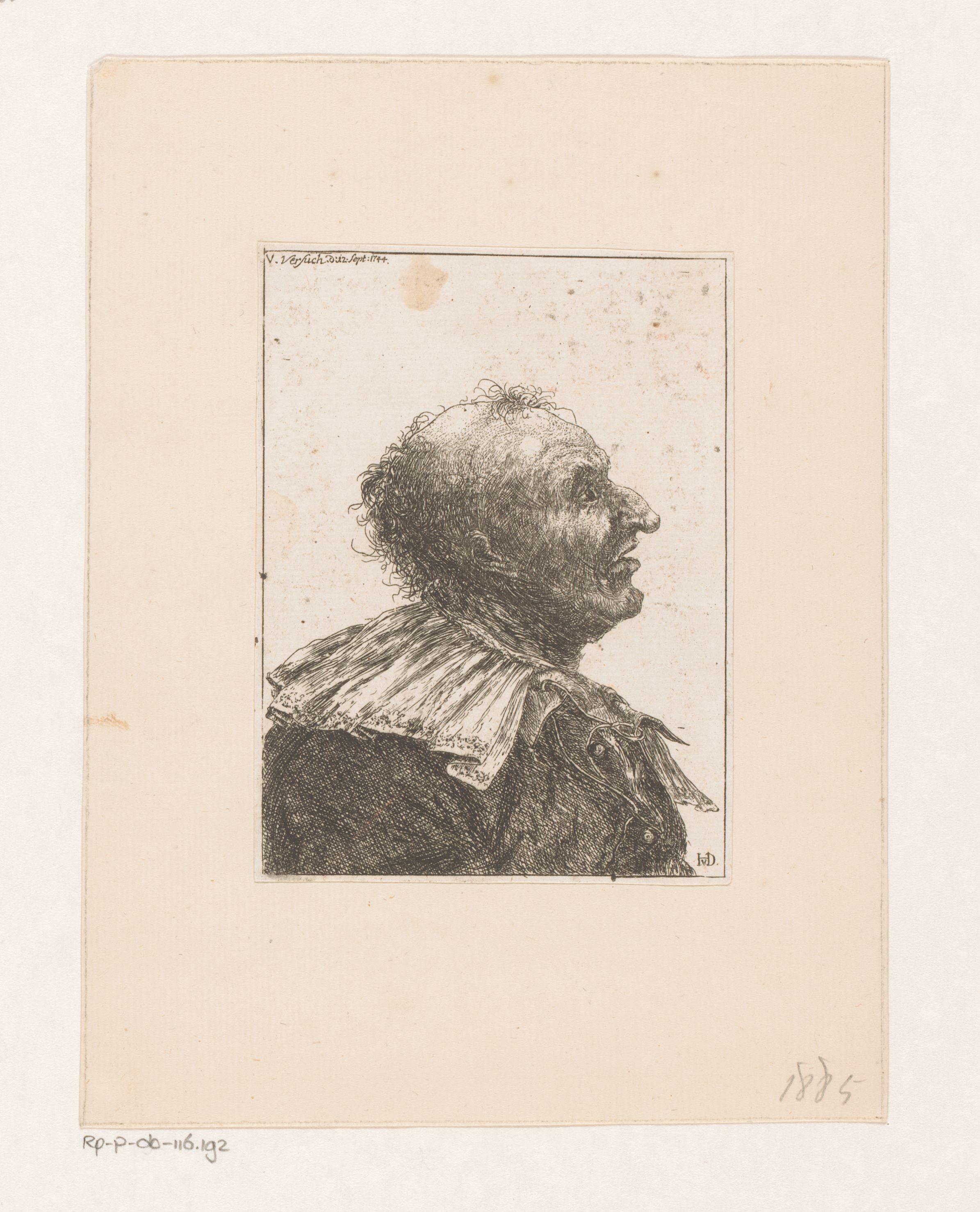 Buste van een oude man met grote kraag en haakneus