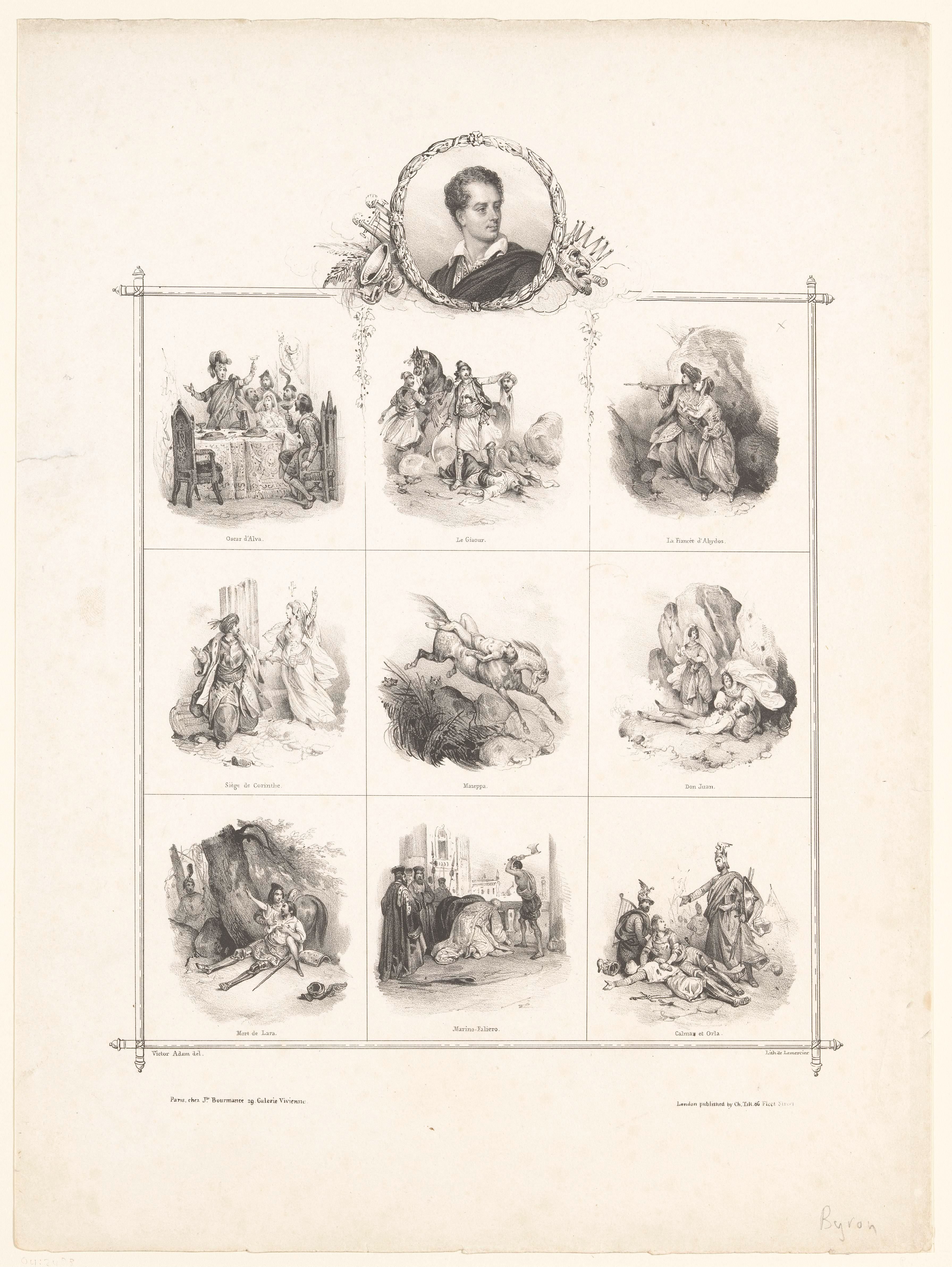 Portret van Lord Byron en negen voorstellingen uit zijn gedichten