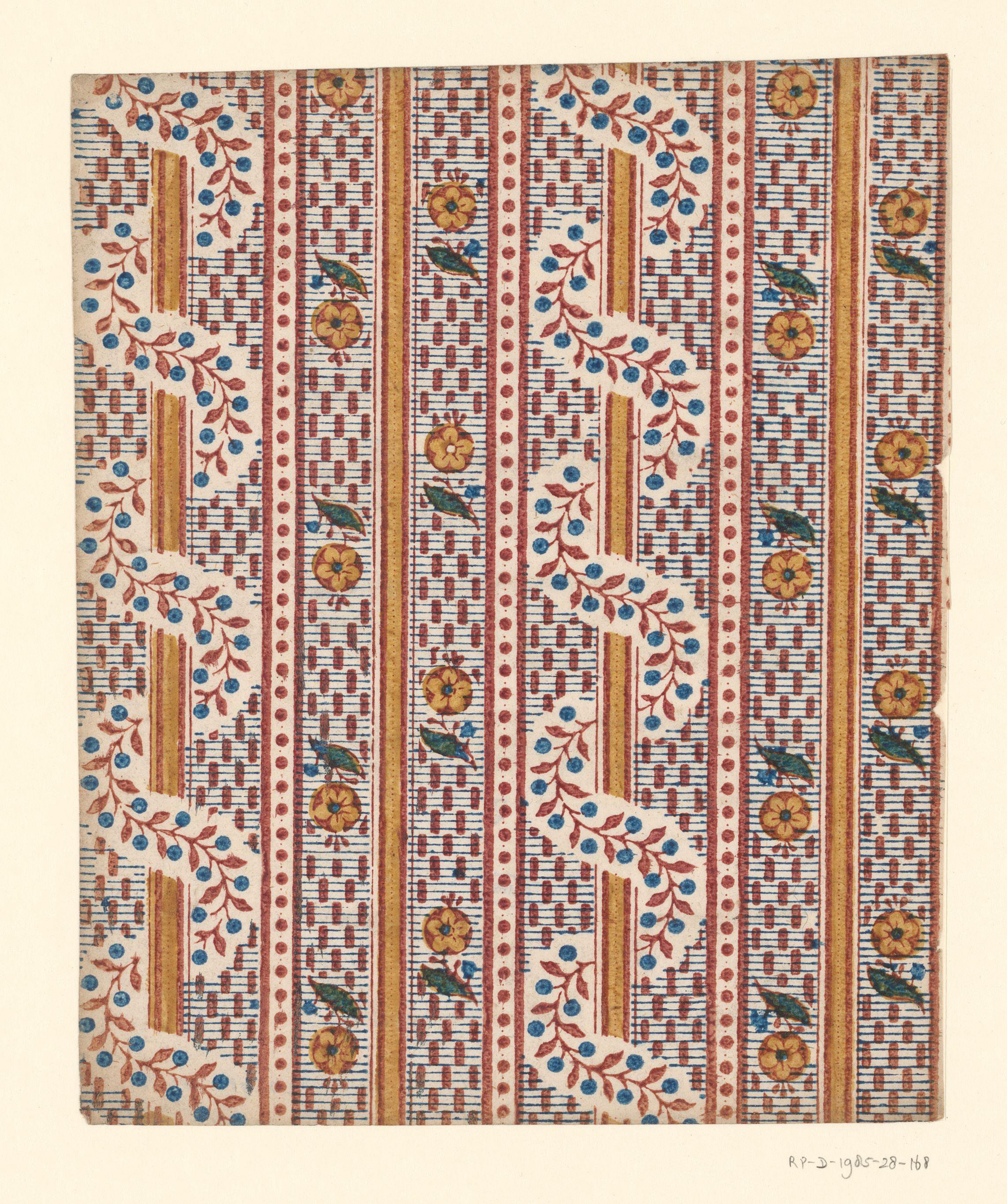 Blad met banenpatroon van staaf omwonden door rank met vruchtjes alternerend met bloemen met onderbroken lijnenfond