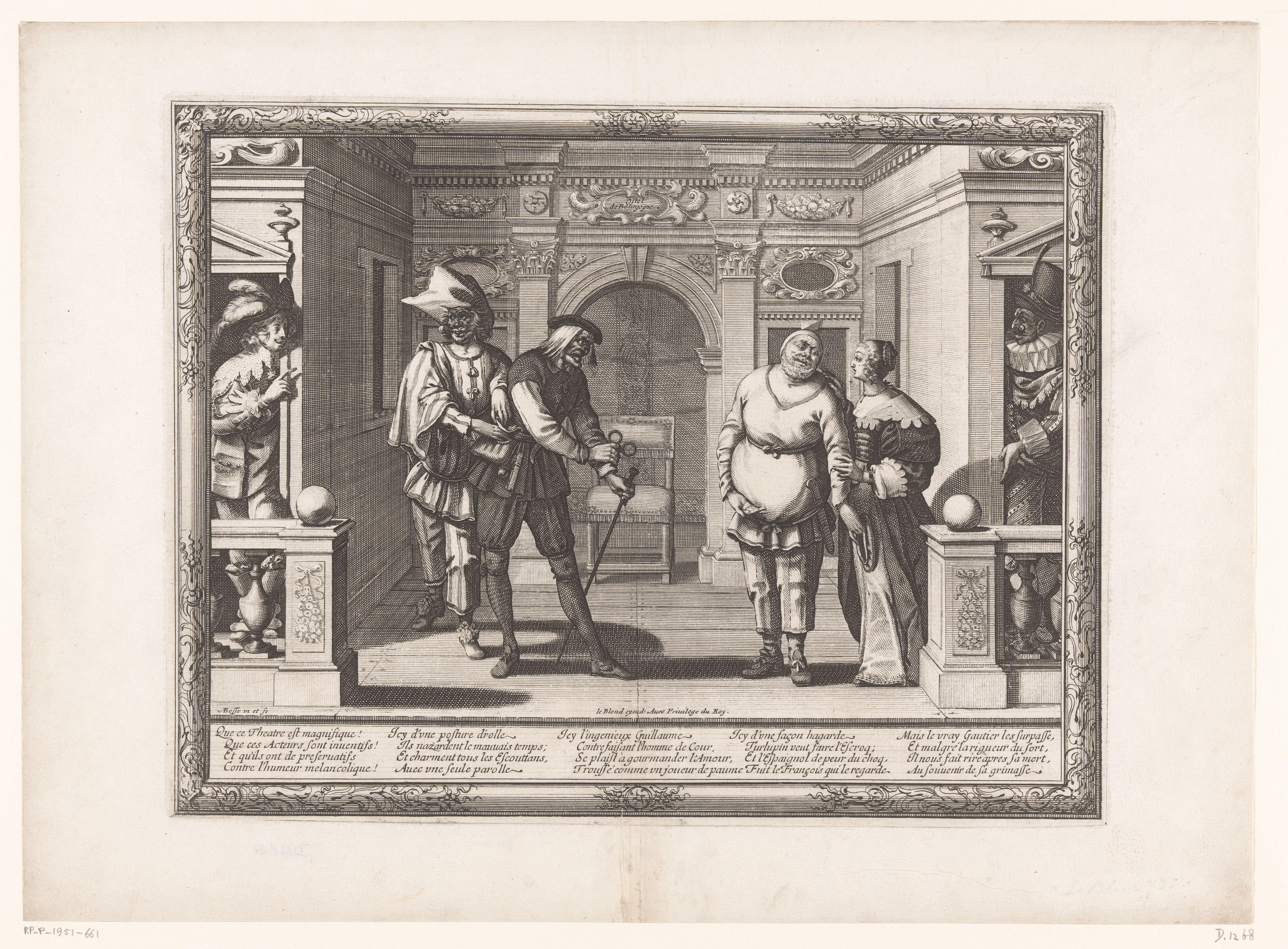 Drie acteurs in het theater van l'Hôtel de Bourgogne