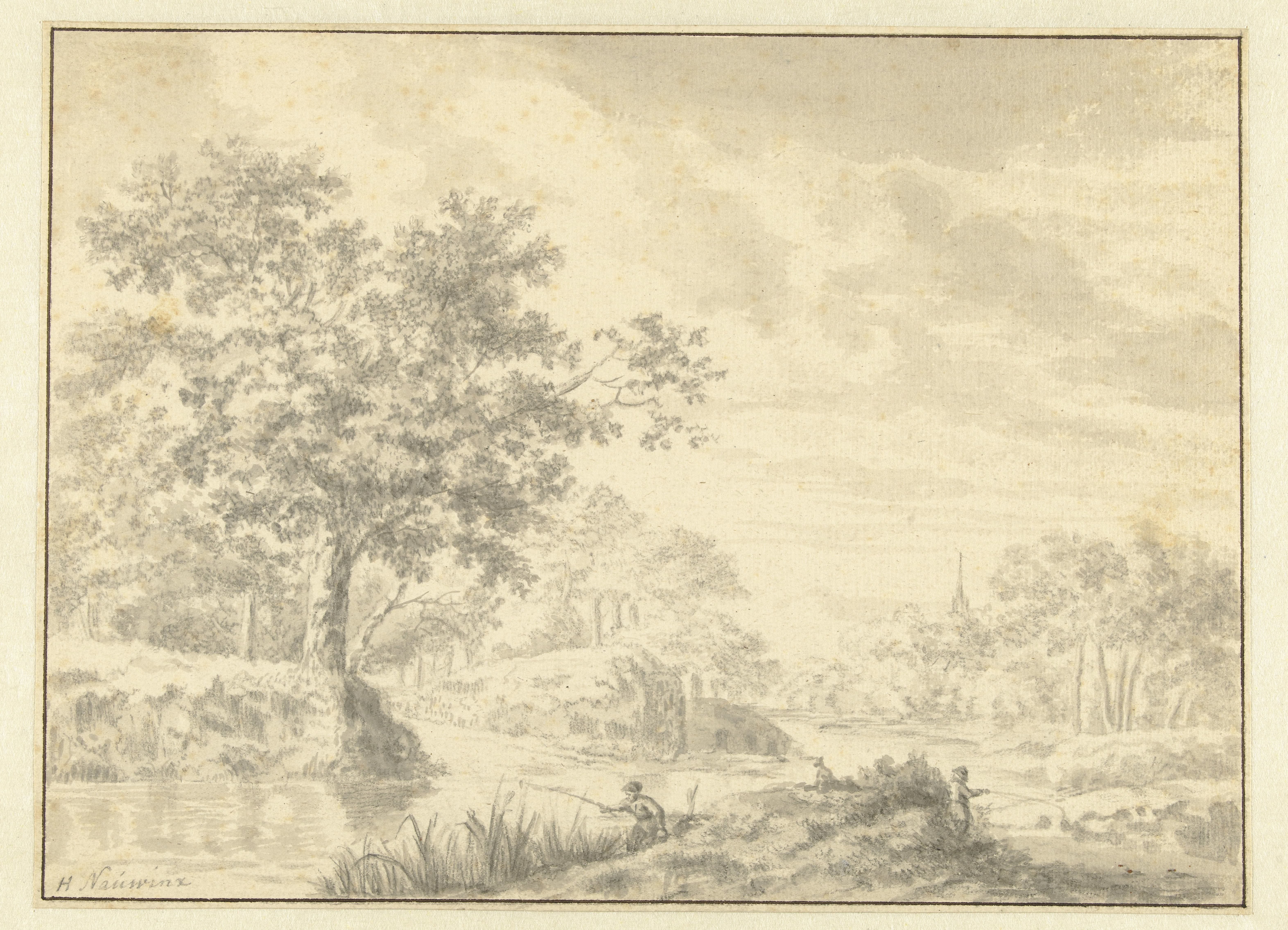 Bebost rivierlandschap met twee hengelaars